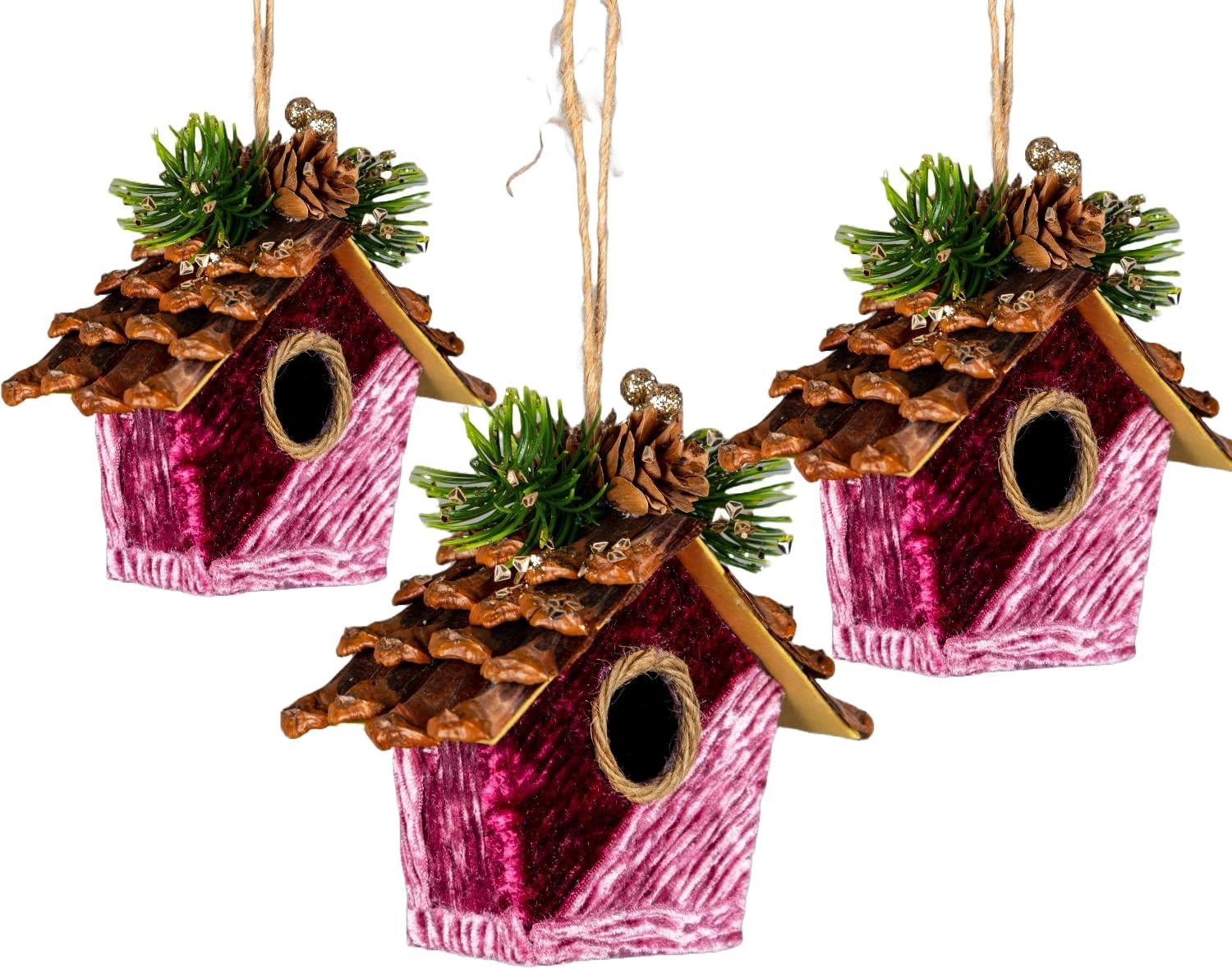 3X Christmas Hanging Ornaments Tree Pendants Birdhouse Pink 11cm Xmas Decoration