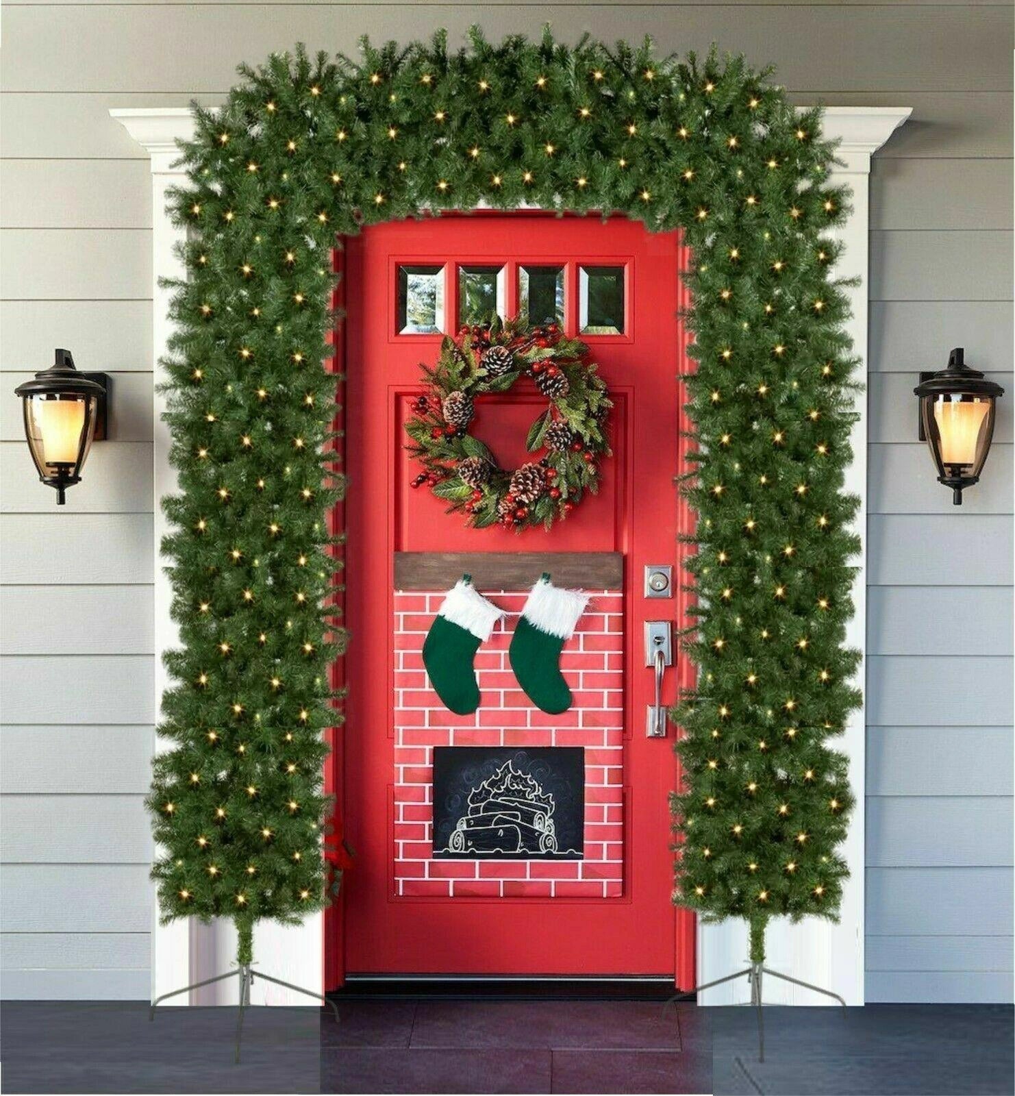 Green Christmas Tree Arch Pre Lit Door Decoration Outdoor Xmas Tree Garland 2.4M