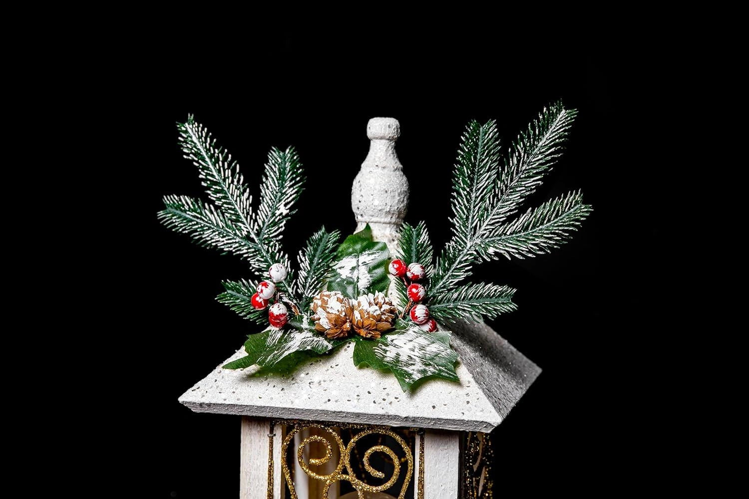 Christmas Lantern LED Wooden Lamp Tabletop 32cm Snow Warm White Xmas Centerpiece