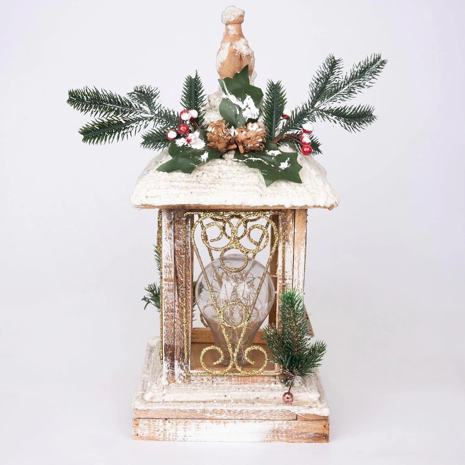 Christmas Lantern LED Wooden Lamp Tabletop 32cm Snow Warm White Xmas Centerpiece