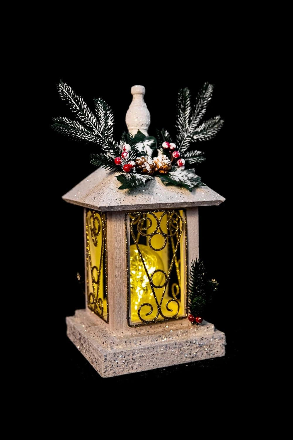 Christmas Lantern LED Wooden Lamp Tabletop 32cm Snow Warm White Xmas Centerpiece