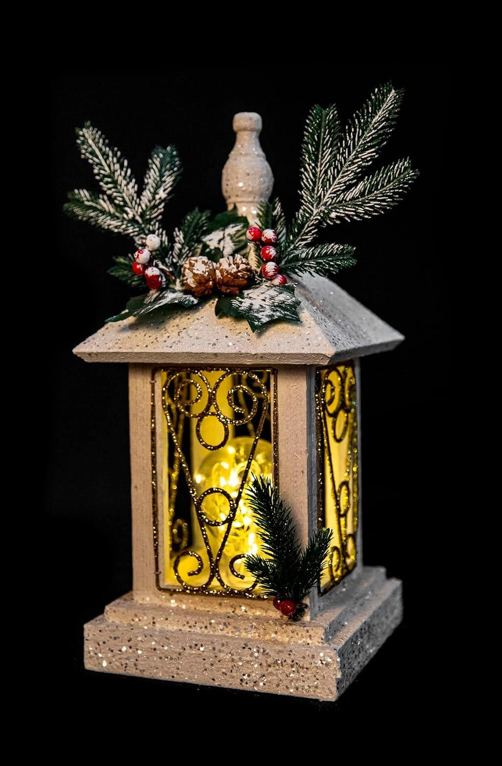 Christmas Lantern LED Wooden Lamp Tabletop 32cm Snow Warm White Xmas Centerpiece