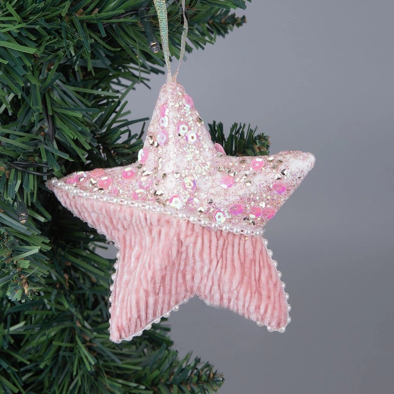 12cm Pink Glitter Star Shape Pendants Christmas Tree Hanging Decorations UK