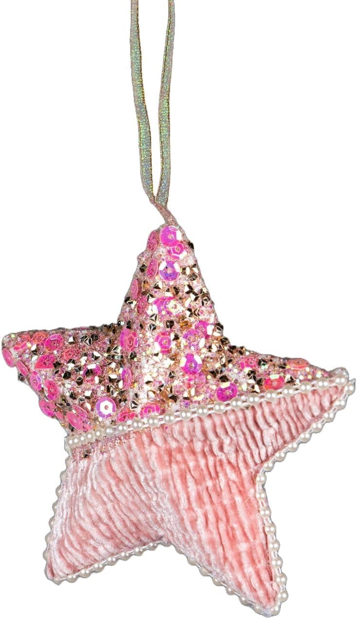 12cm Pink Glitter Star Shape Pendants Christmas Tree Hanging Decorations UK