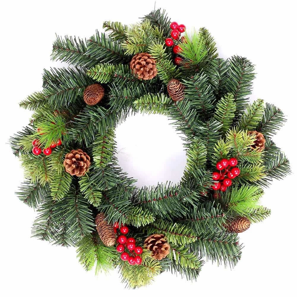 Frono 55Cm Mixed Tips Christmas Wreath Pre Lit With Berries Pine Cones