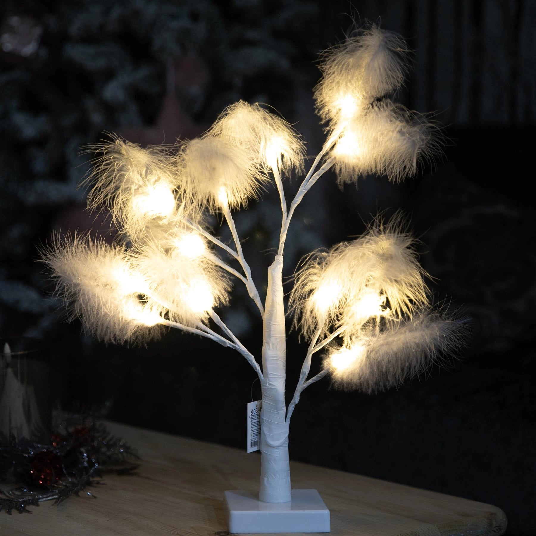 55cm Pampas Grey Feather Tree Pre-Lit Table Lamp B/O LED Christmas Decor 1PC