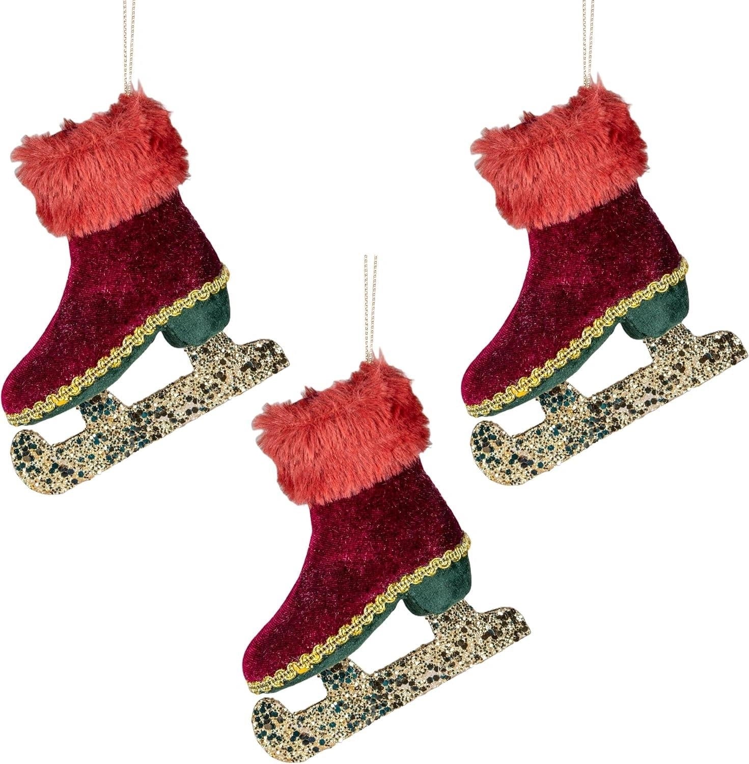 3XChristmas Hanging Ornament Tree Pendant Burgundy IceSkate Boot 12cm Xmas Decor