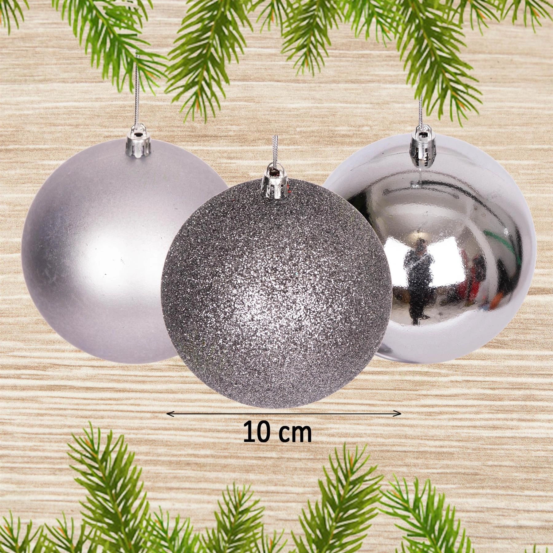 6 Mid Grey Christmas Baubles -Glitter Matte Shiny Finish 10cm Festive Decoration