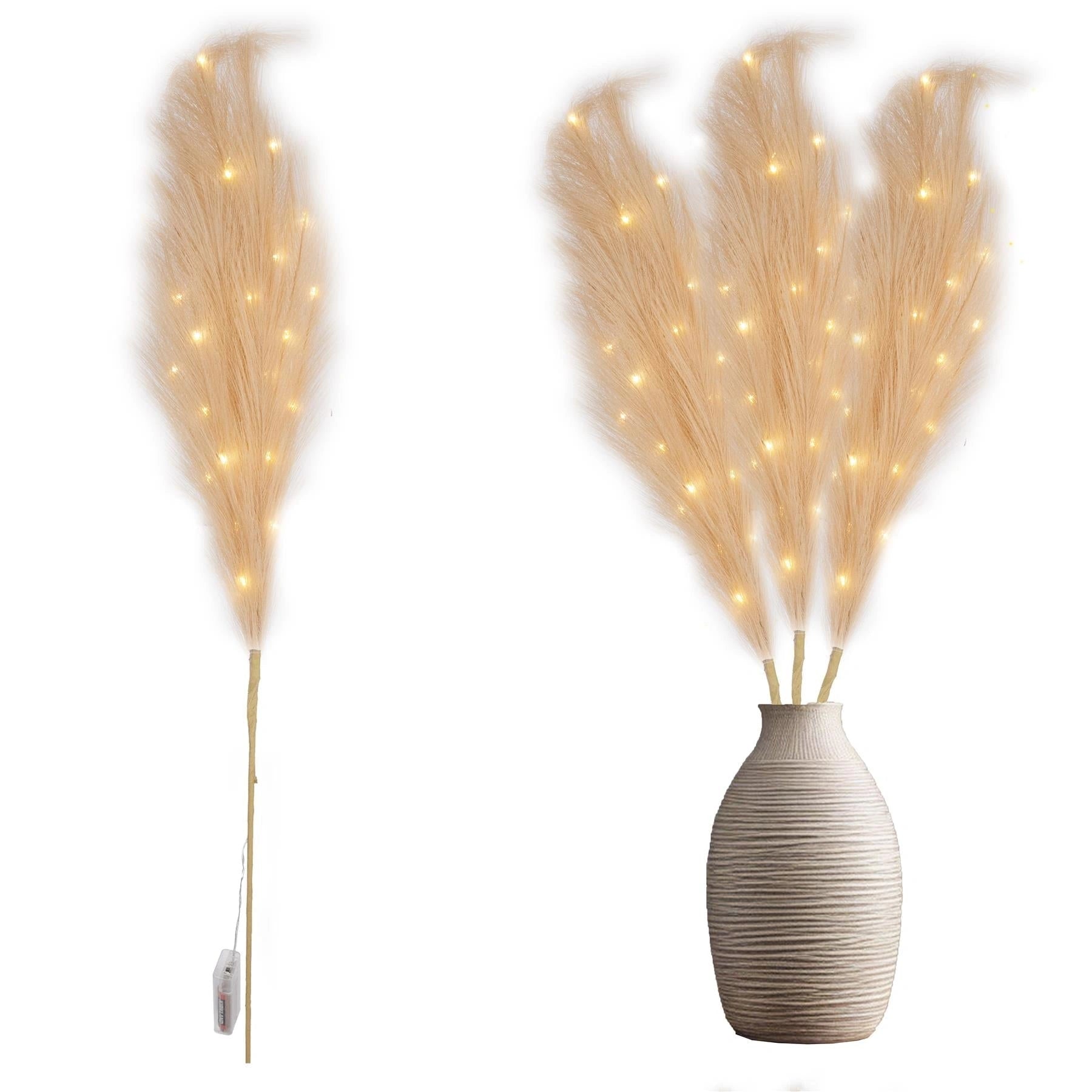 4 Pampas Grass Stem Feather Christmas Table Decor PreLit LED B/O Champagne 100cm