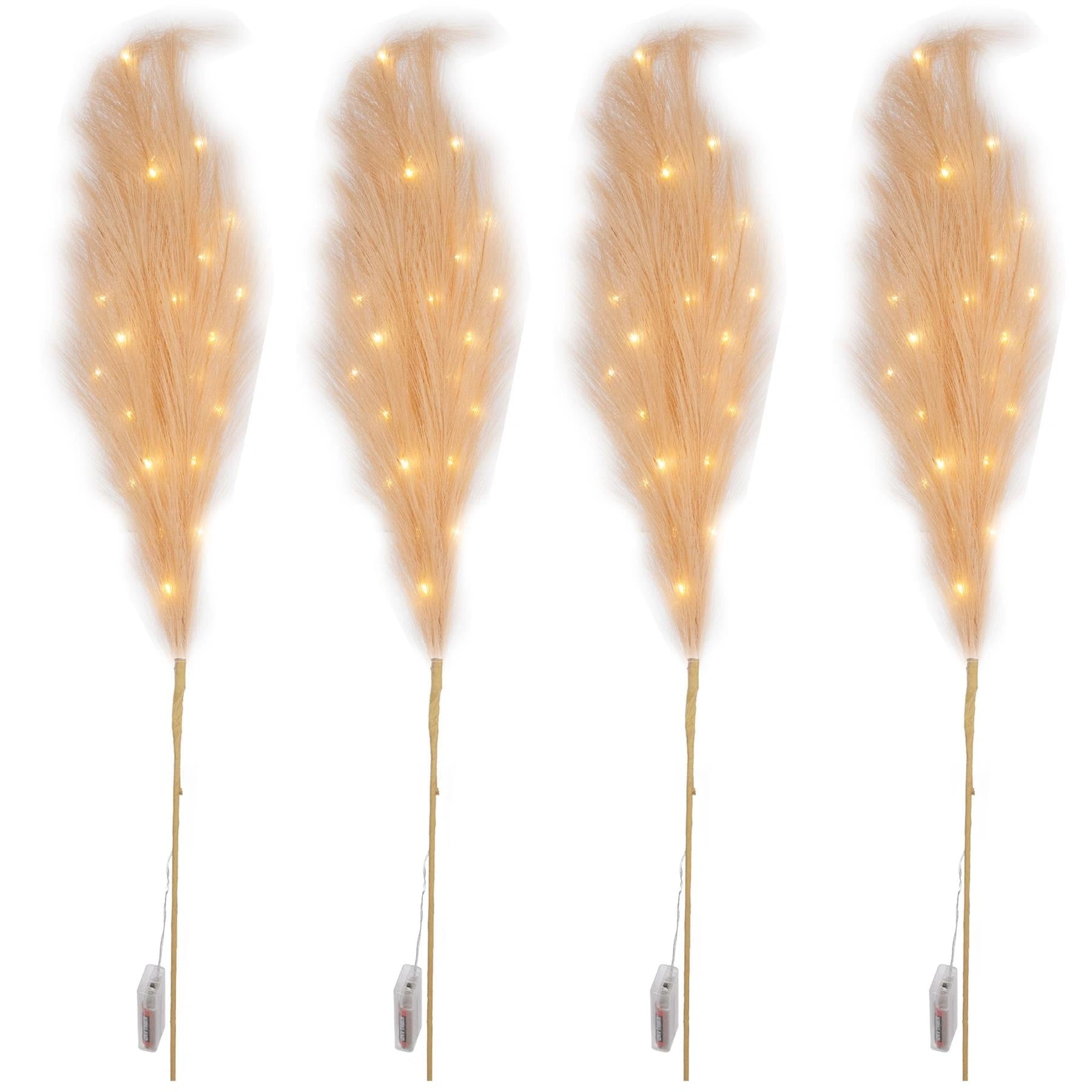 4 Pampas Grass Stem Feather Christmas Table Decor PreLit LED B/O Champagne 100cm
