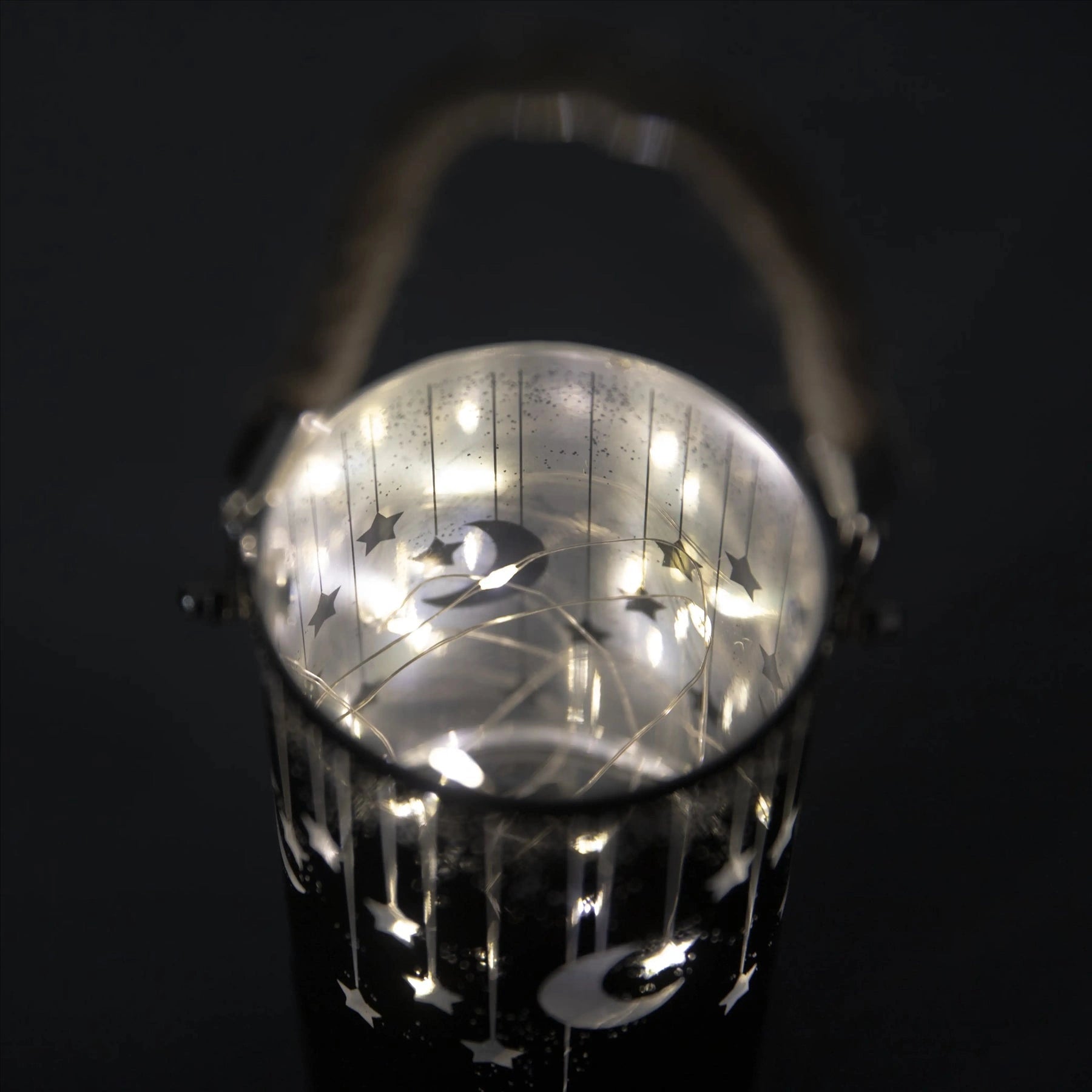 Christmas Decorated Jar Led Black Glass Vase Moon Stars 22cm Home Table Decor