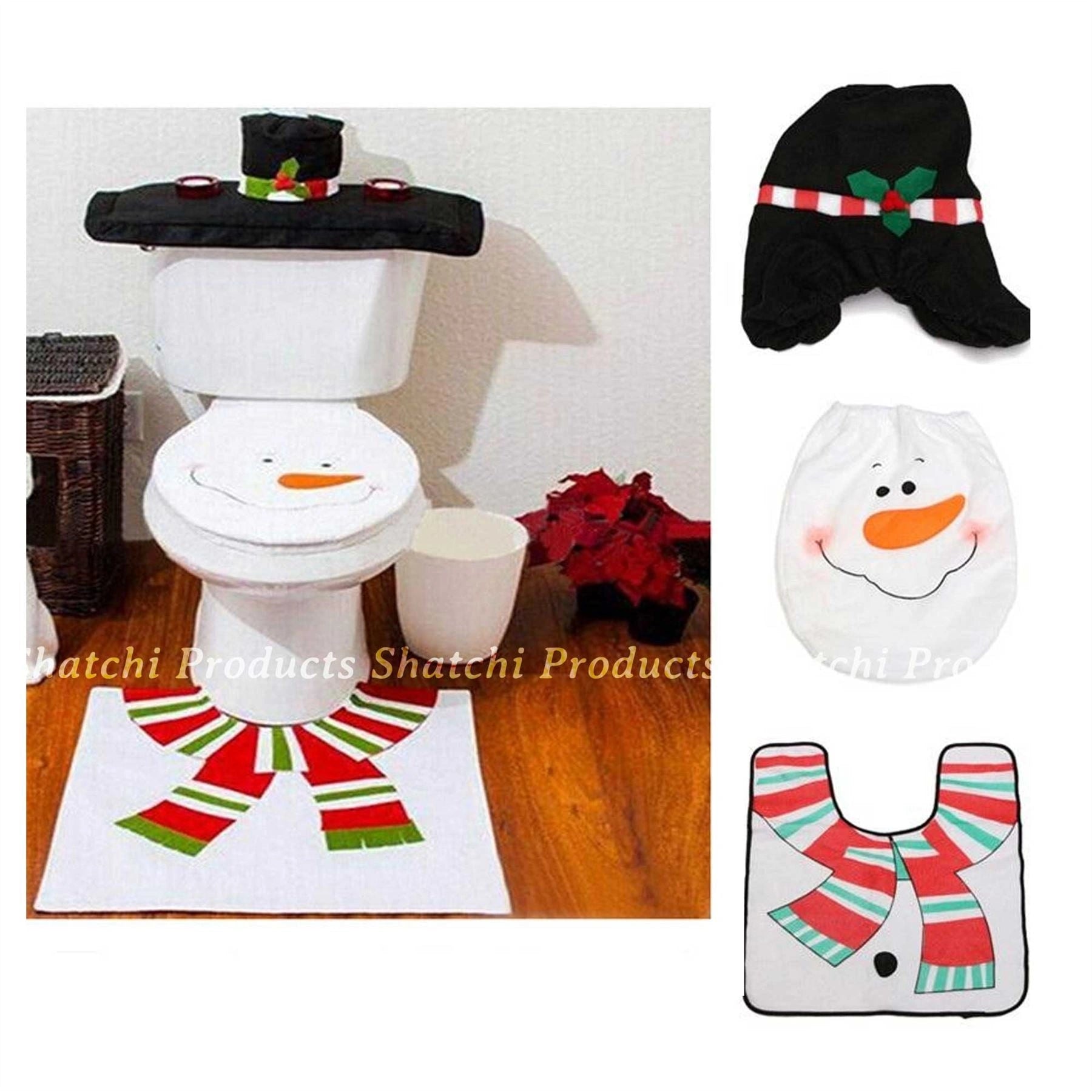 2 x Christmas Snowman Toilet Seat Cover Mat Rug Xmas Party Novelty Home Decor