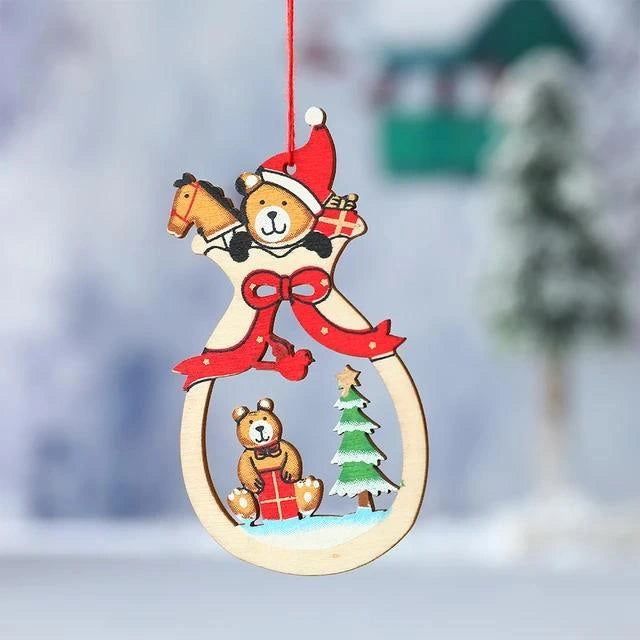 Wooden Christmas Tree Decorations Sack Shape Teddy Head Xmas Hanging Ornaments