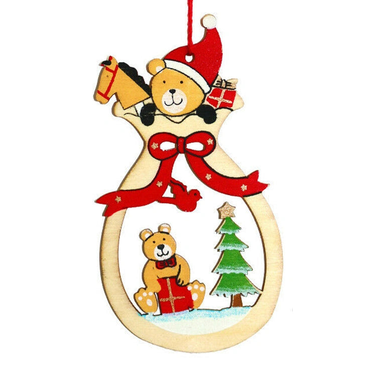 Wooden Christmas Tree Decorations Sack Shape Teddy Head Xmas Hanging Ornaments