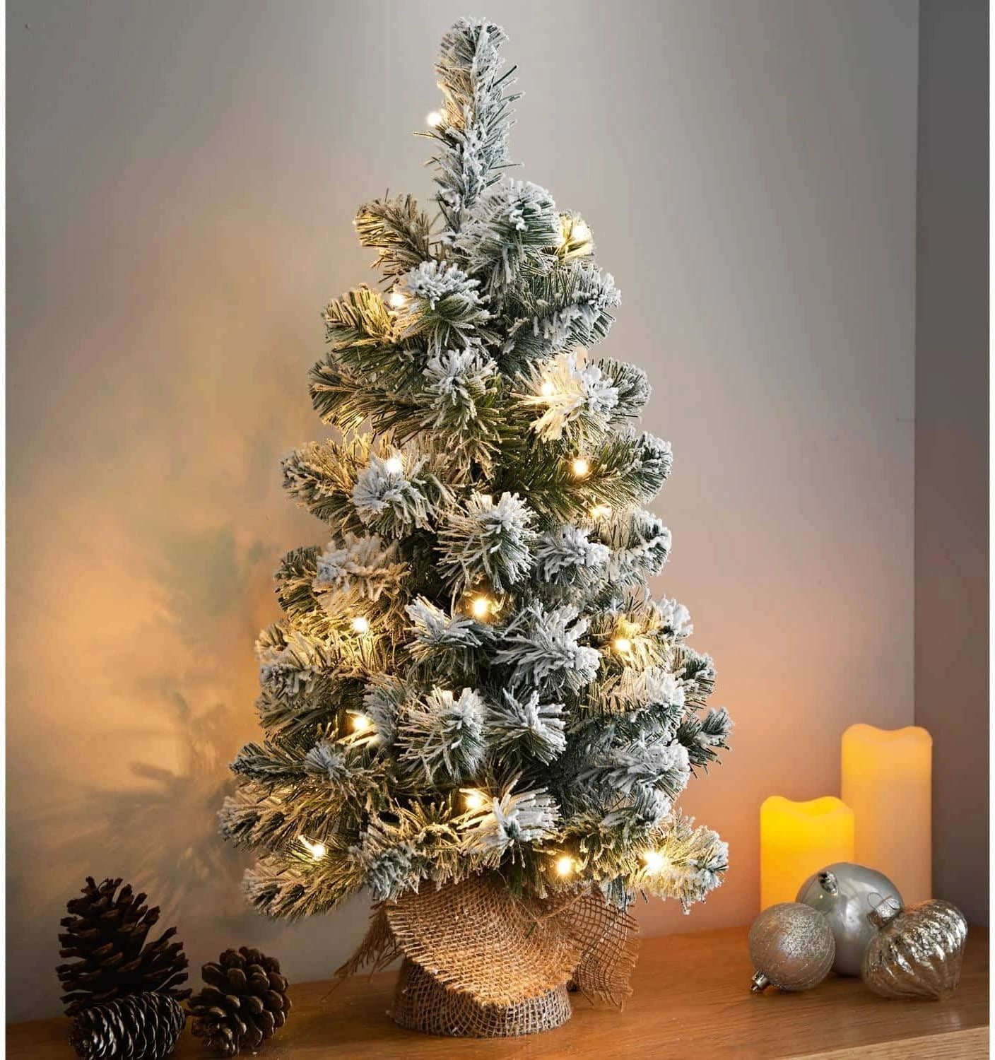 Christmas Tree Tabletop Decorations Snow Flocked Pre-Lit Warm White LEDs 70cm