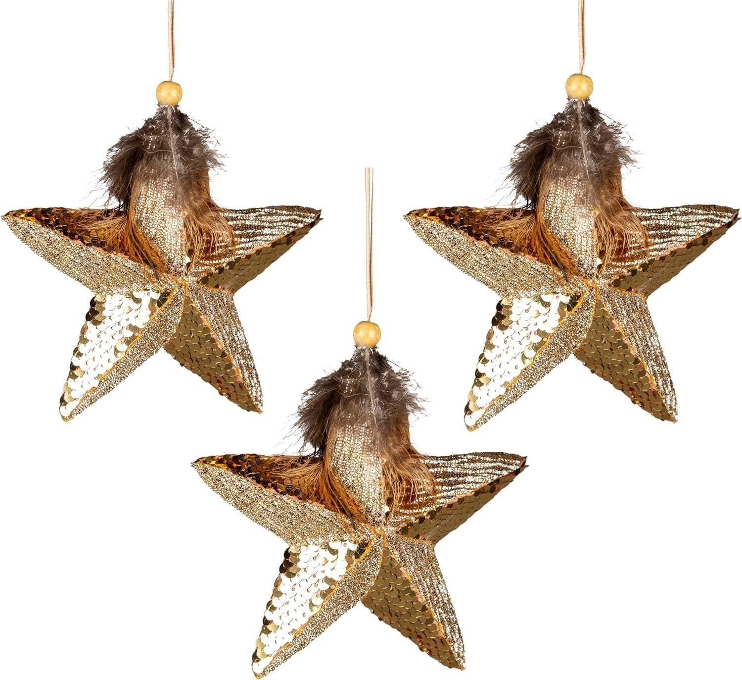 15Cm Gold  Star - 3Pcs Christmas Hanging Decorations