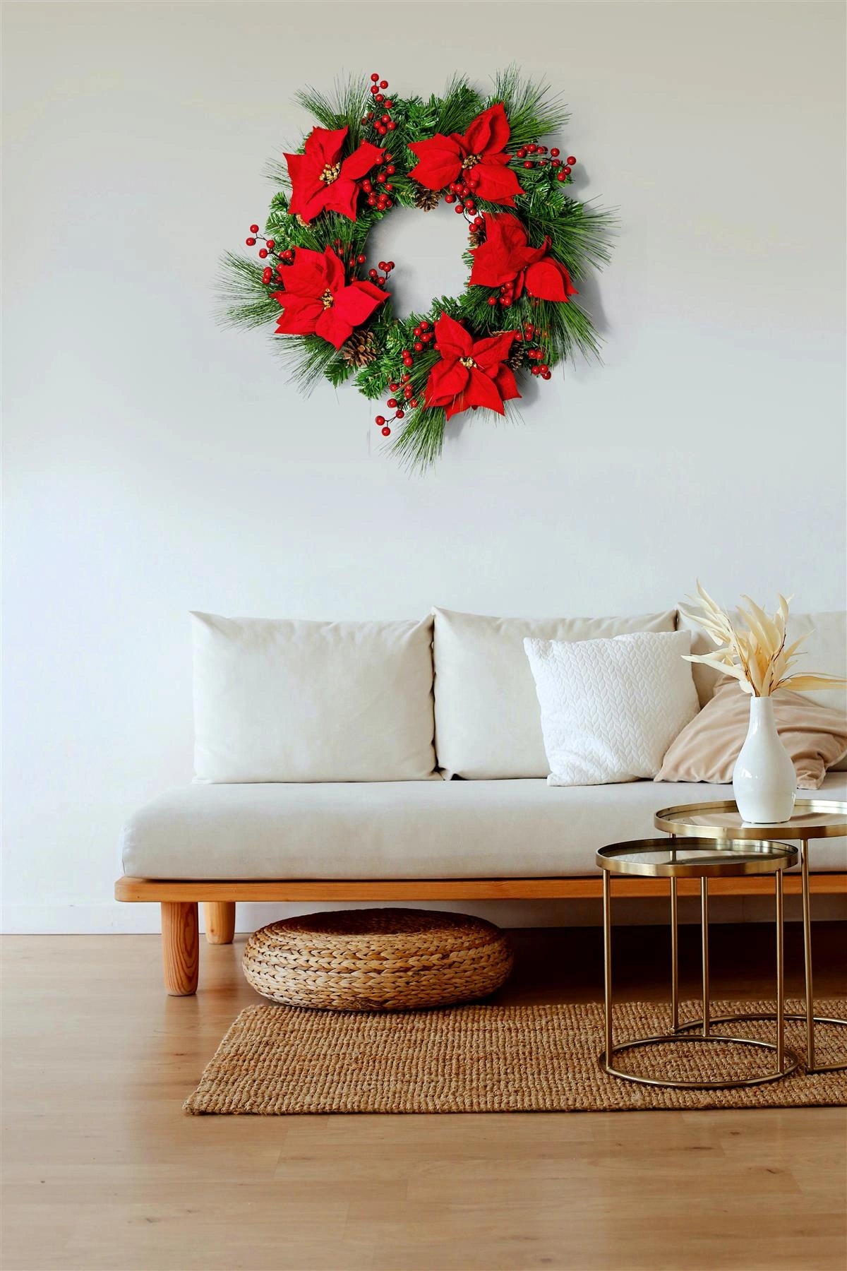 60cm Christmas Wreath Pre Lit Red Berries Door Wall Home Xmas Hanging Ornaments