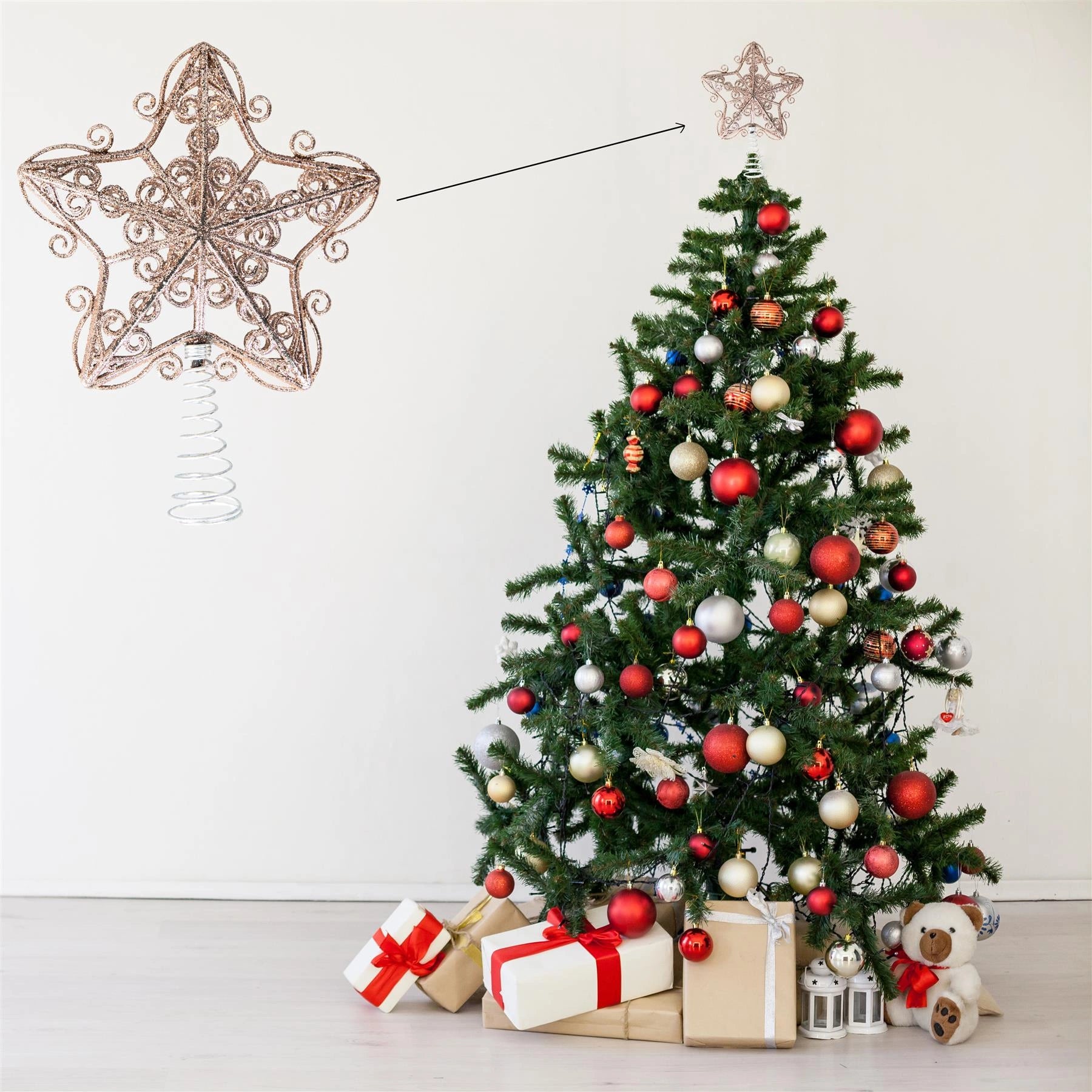 Christmas Star Tree Topper Rose Gold Glitter Crown Xmas Ornaments Decor 14.5cm