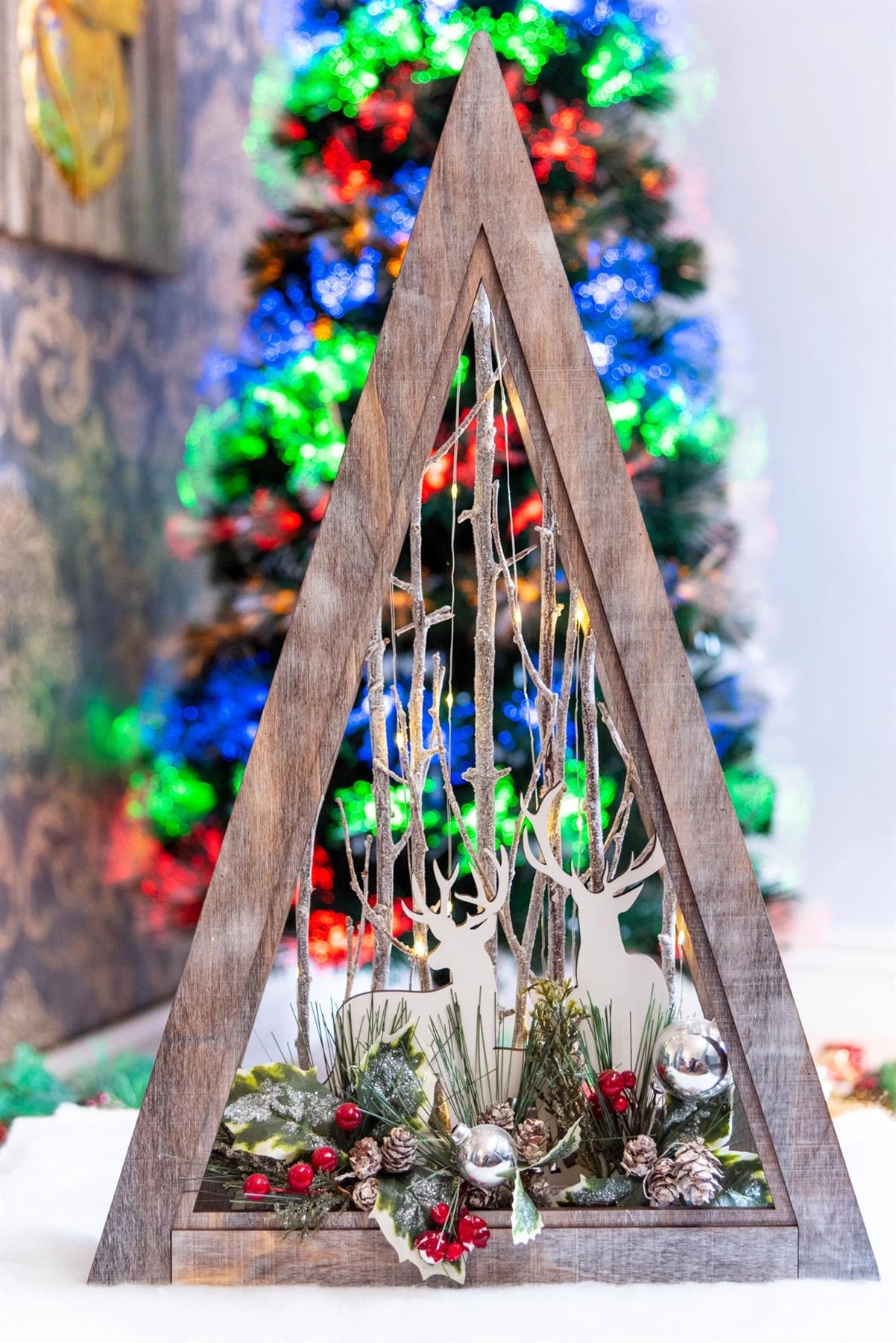 Christmas Wooden Reindeer Scene LED Tabletop Triangle Frame 57cm Xmas Home Decor