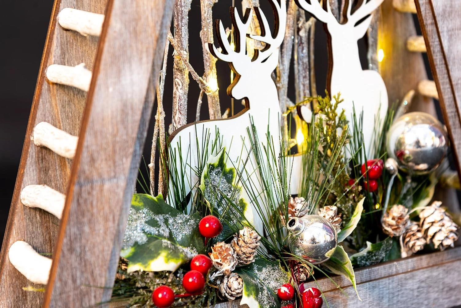 Christmas Wooden Reindeer Scene LED Tabletop Triangle Frame 57cm Xmas Home Decor