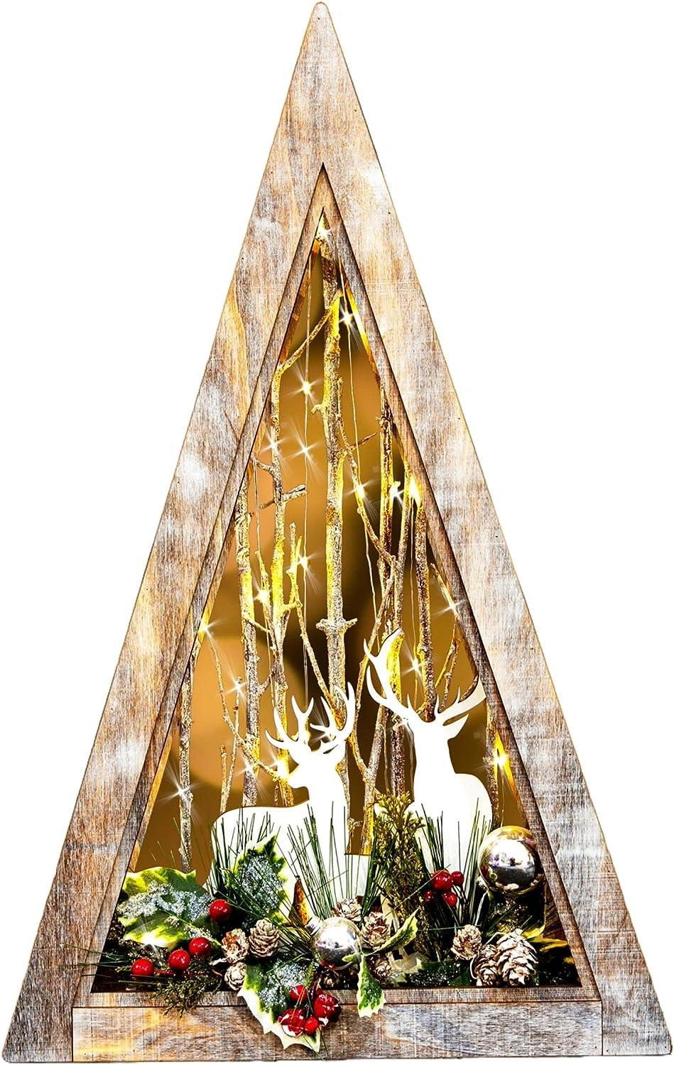 Christmas Wooden Reindeer Scene LED Tabletop Triangle Frame 57cm Xmas Home Decor