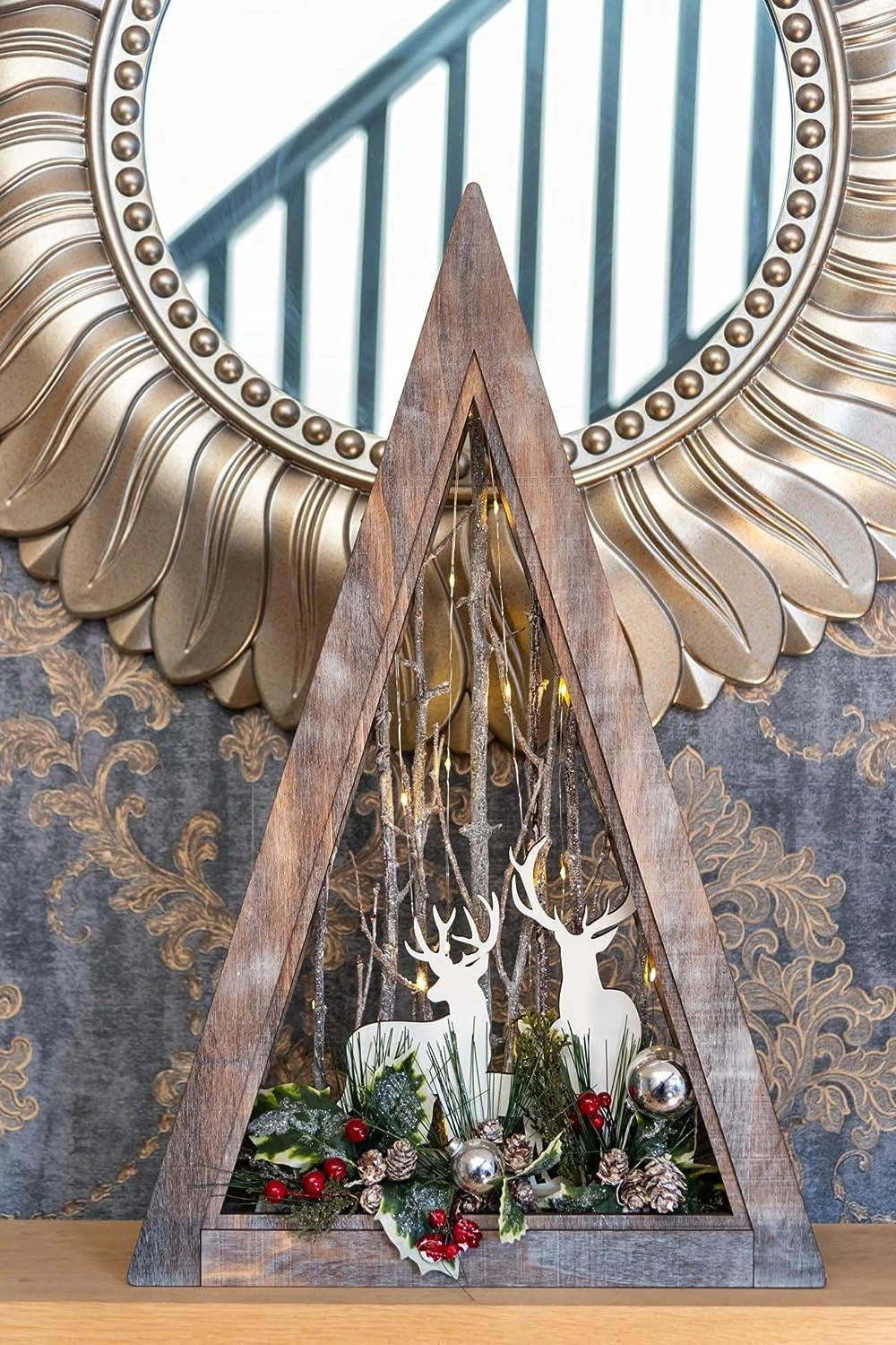 Christmas Wooden Reindeer Scene LED Tabletop Triangle Frame 57cm Xmas Home Decor
