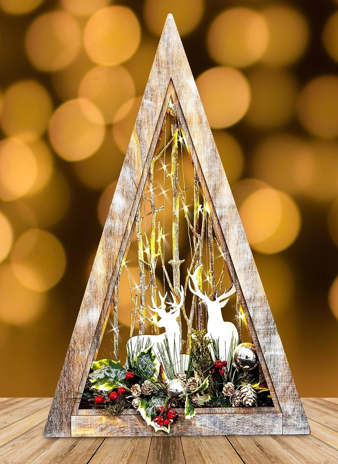 Christmas Wooden Reindeer Scene LED Tabletop Triangle Frame 57cm Xmas Home Decor