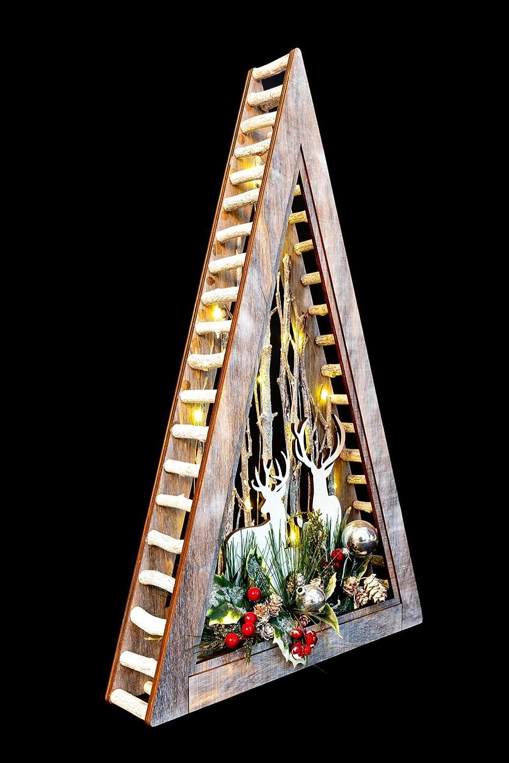 Christmas Wooden Reindeer Scene LED Tabletop Triangle Frame 57cm Xmas Home Decor