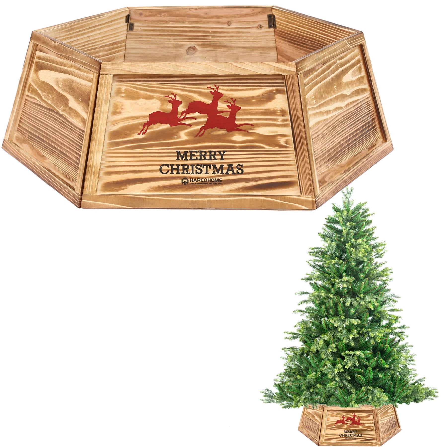 Christmas Tree Collar Foldable Wooden Stand Cover Burned Xmas Tree Decor 45cm