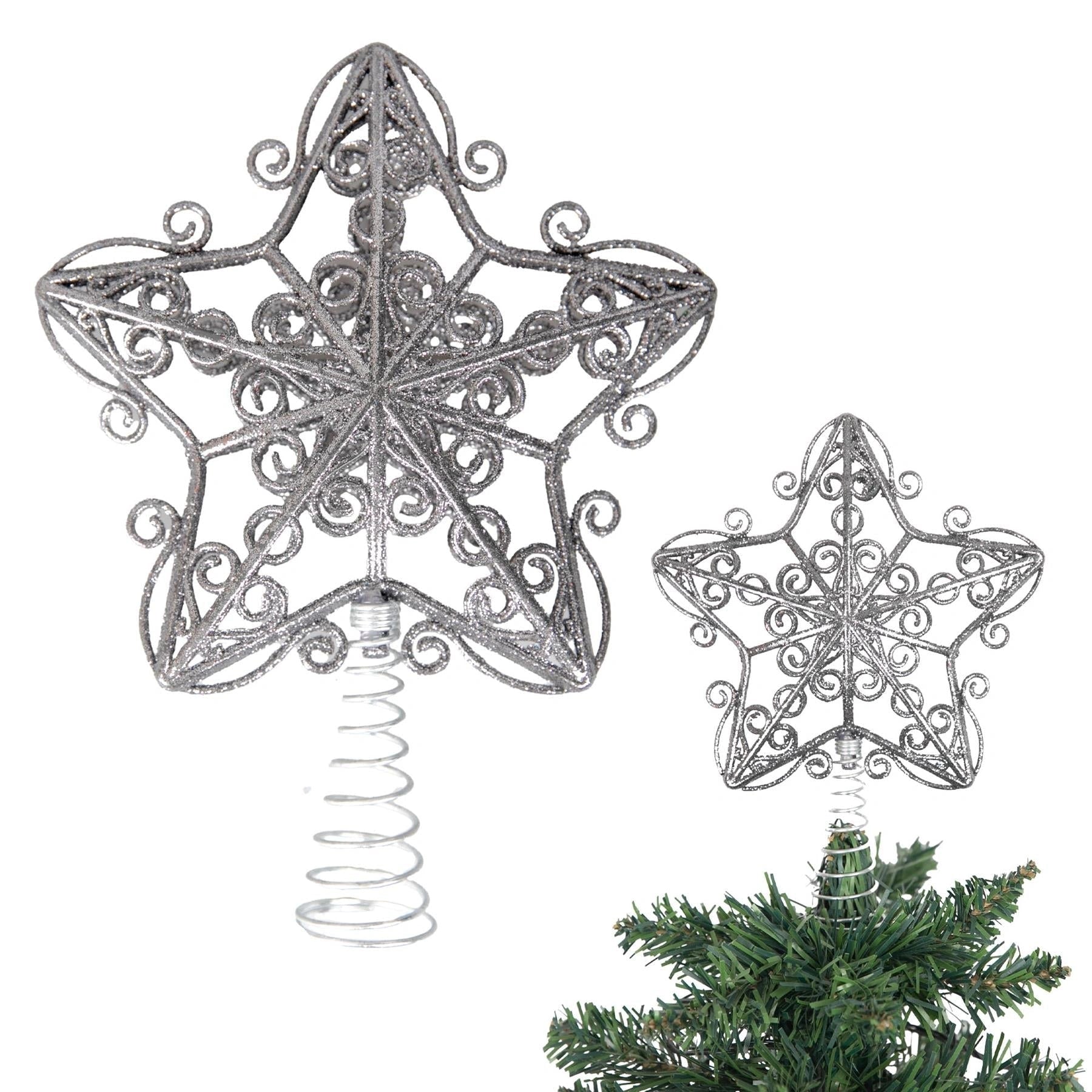 Christmas Star Tree Topper Silver Glitter Crown Xmas Tree Ornaments Decor 14.5cm