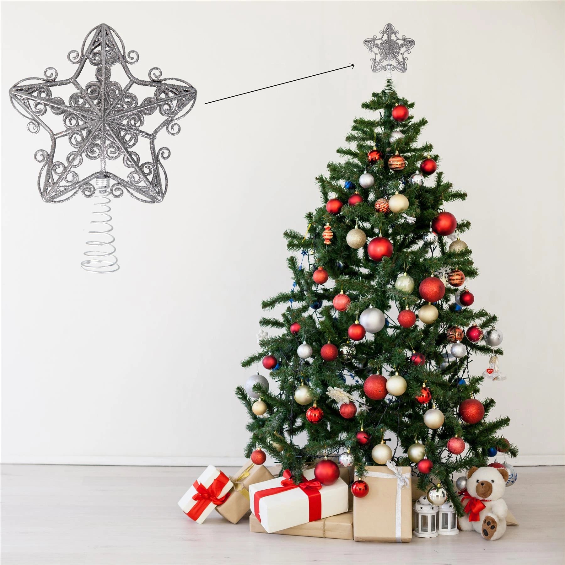 Christmas Star Tree Topper Silver Glitter Crown Xmas Tree Ornaments Decor 14.5cm