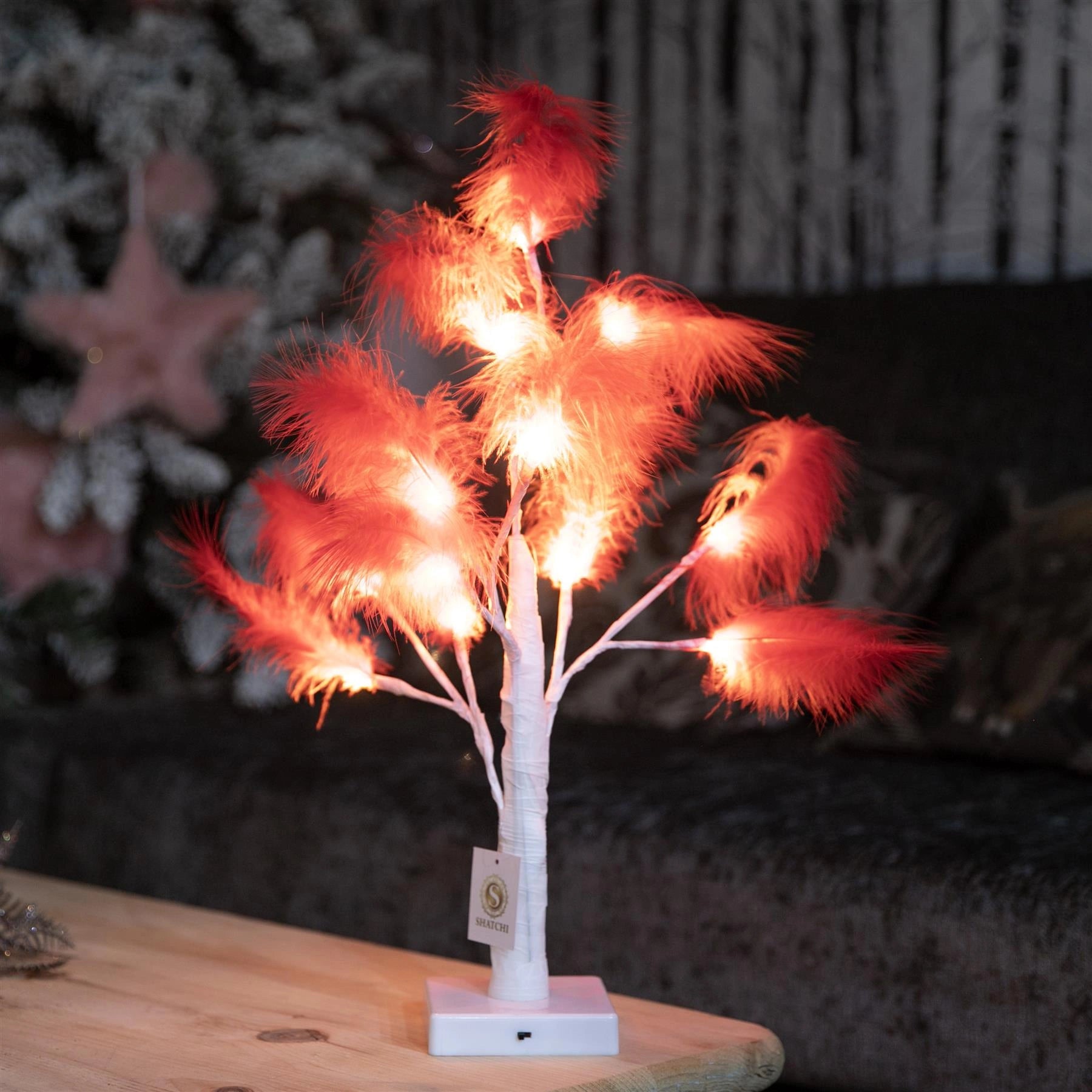 55cm Pampas Red Feather Tree Pre-Lit Table Lamp B/O LED Christmas Decor 1PCS