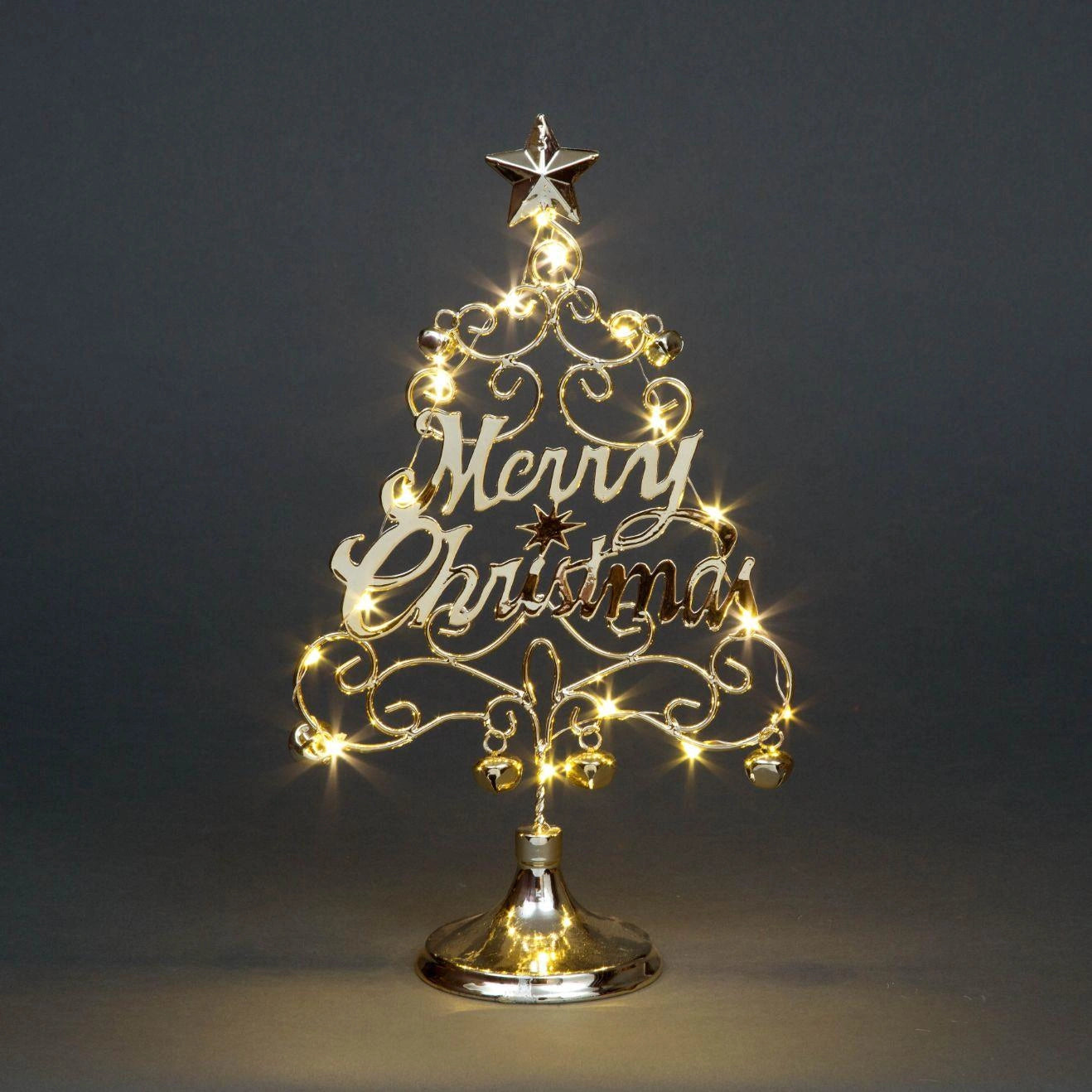 17.5 Inch Pre-Lit LED Merry Christmas Gold Tree Table Top Decoration With Bells