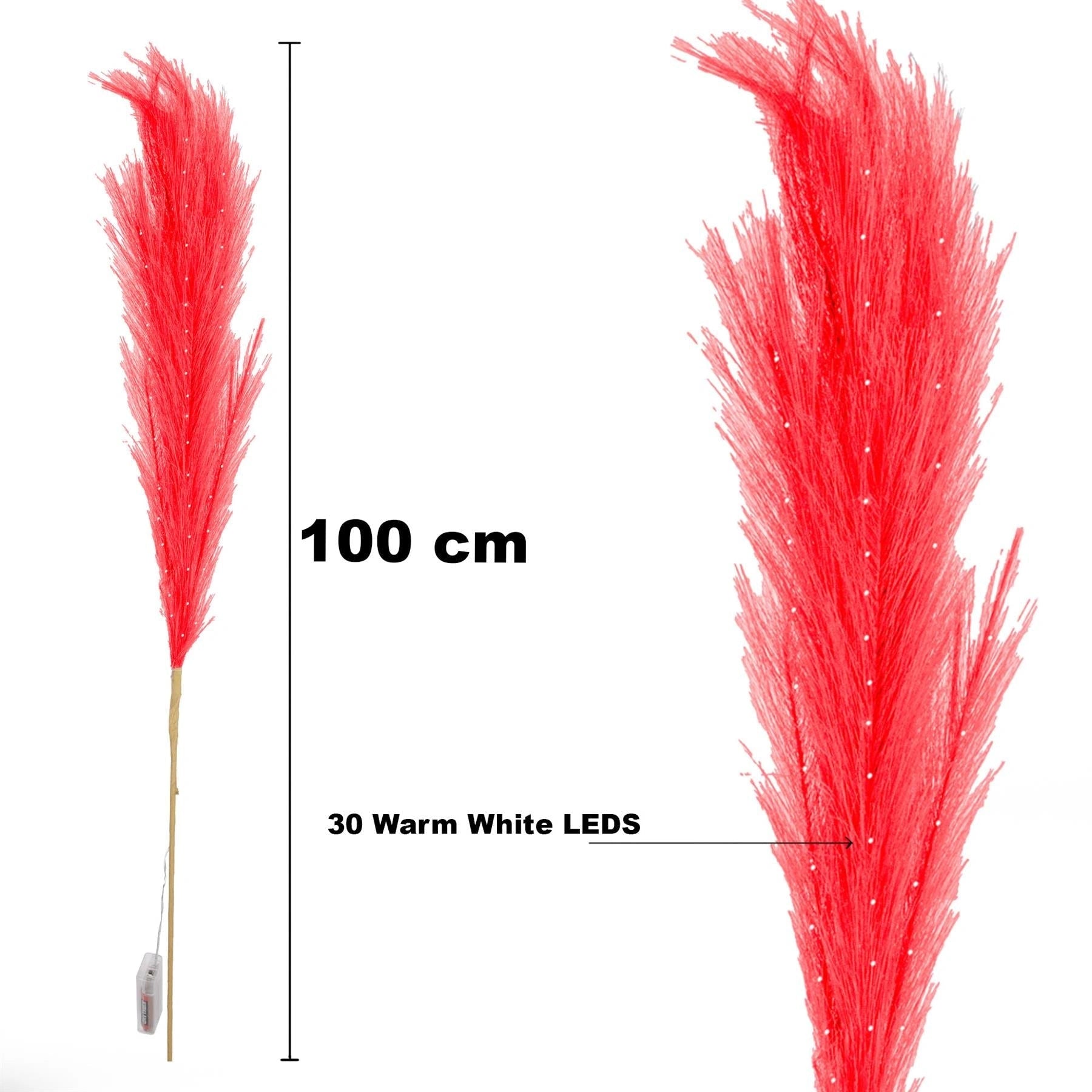 2PCS Pampas Grass Stems Feather Christmas Table Decor Pre-Lit LED B/O Red 100cm