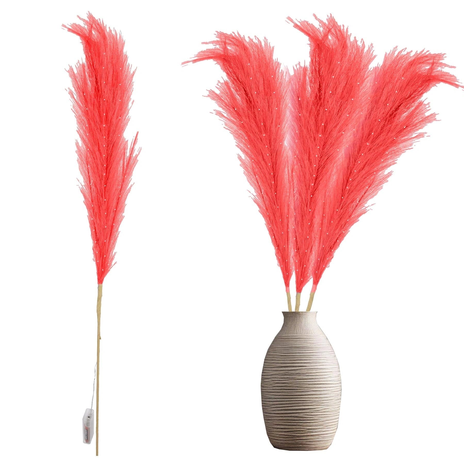 2PCS Pampas Grass Stems Feather Christmas Table Decor Pre-Lit LED B/O Red 100cm