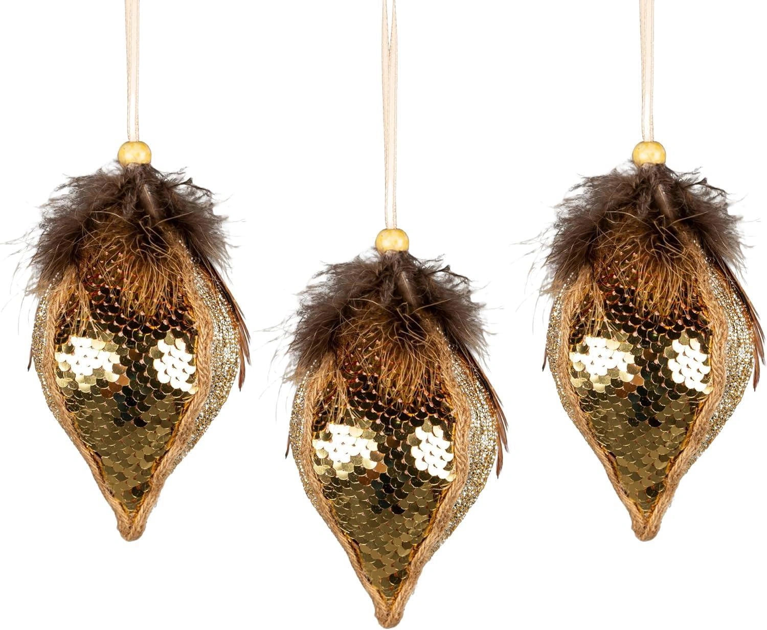 3X Christmas Hanging Ornaments Tree Pendants Teardrop Gold 14cm Xmas Decoration