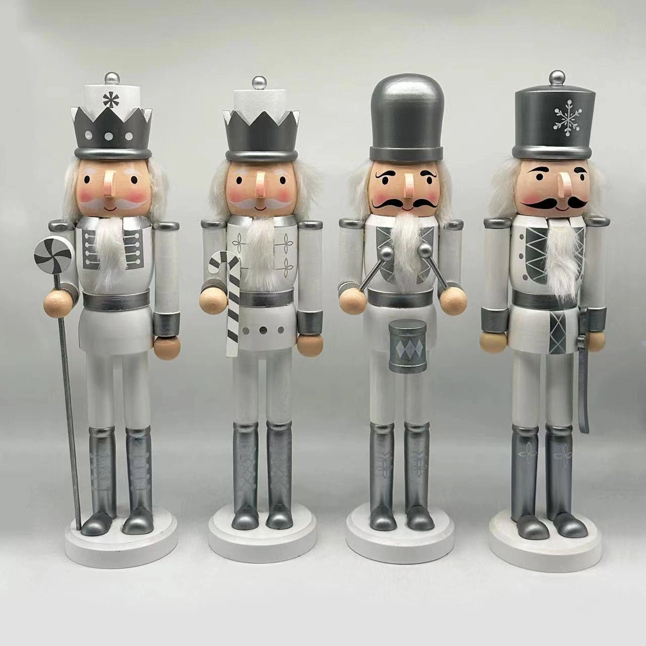 36Cm Silver & White Wooden Nutcrackers - 4Pcs Set - Christmas Home Decoration