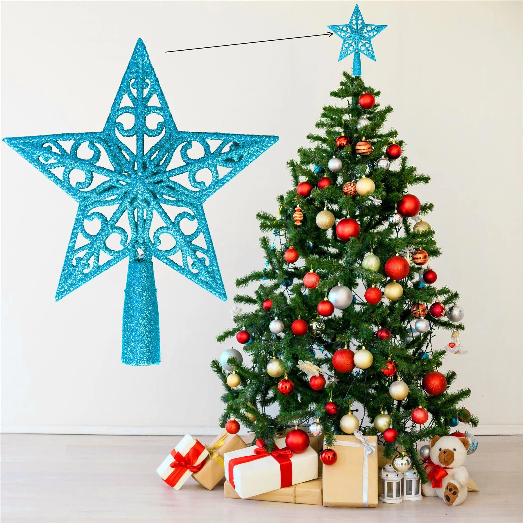 Christmas Star Tree Topper Ice Blue Glitter Crown Xmas Ornaments Decor 14.5cm