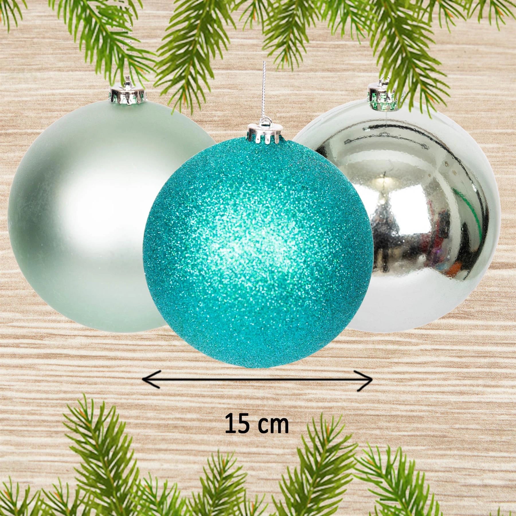 3 Turquoise Shatterproof Christmas Baubles Decoration Glitter Matte Shiny Finish