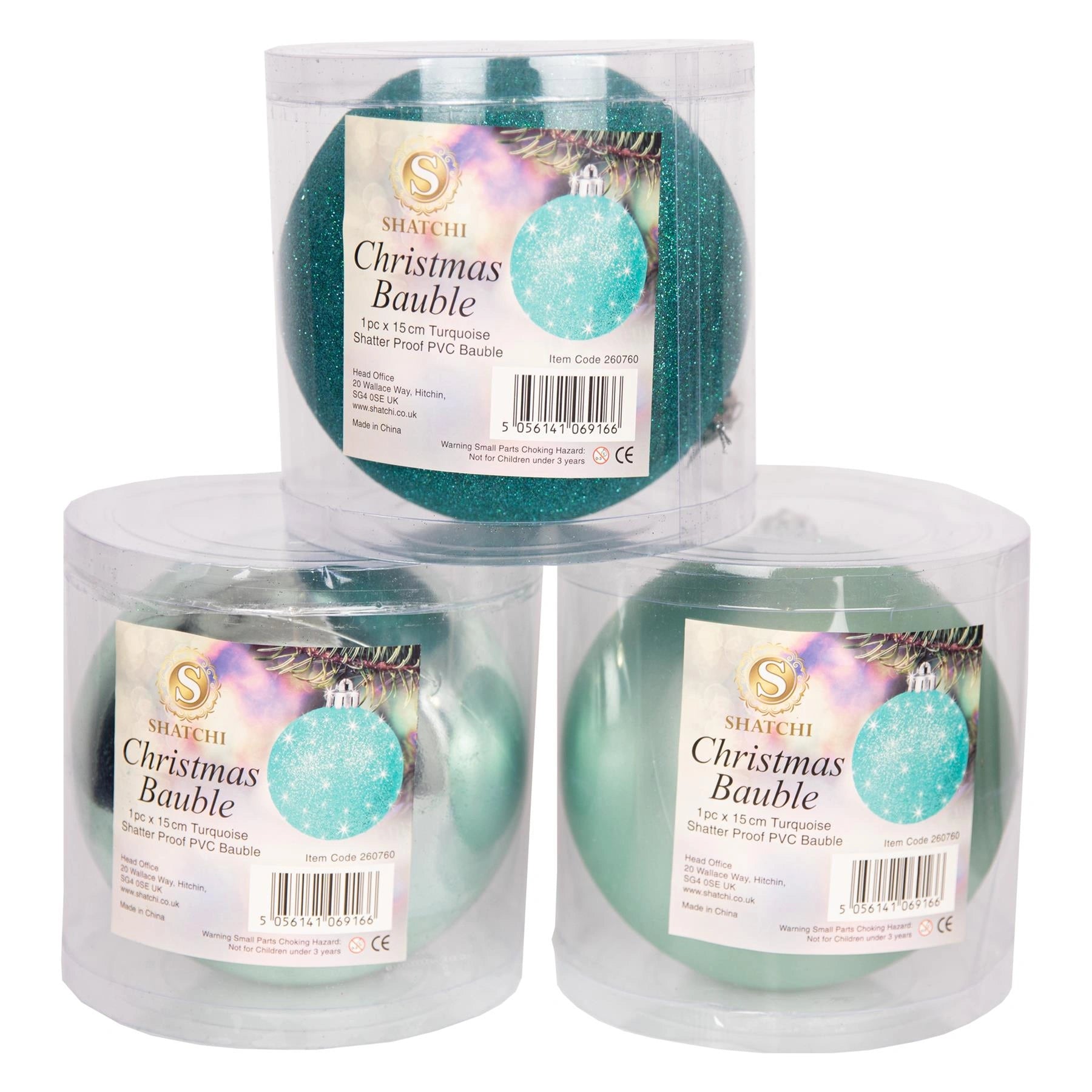 3 Turquoise Shatterproof Christmas Baubles Decoration Glitter Matte Shiny Finish