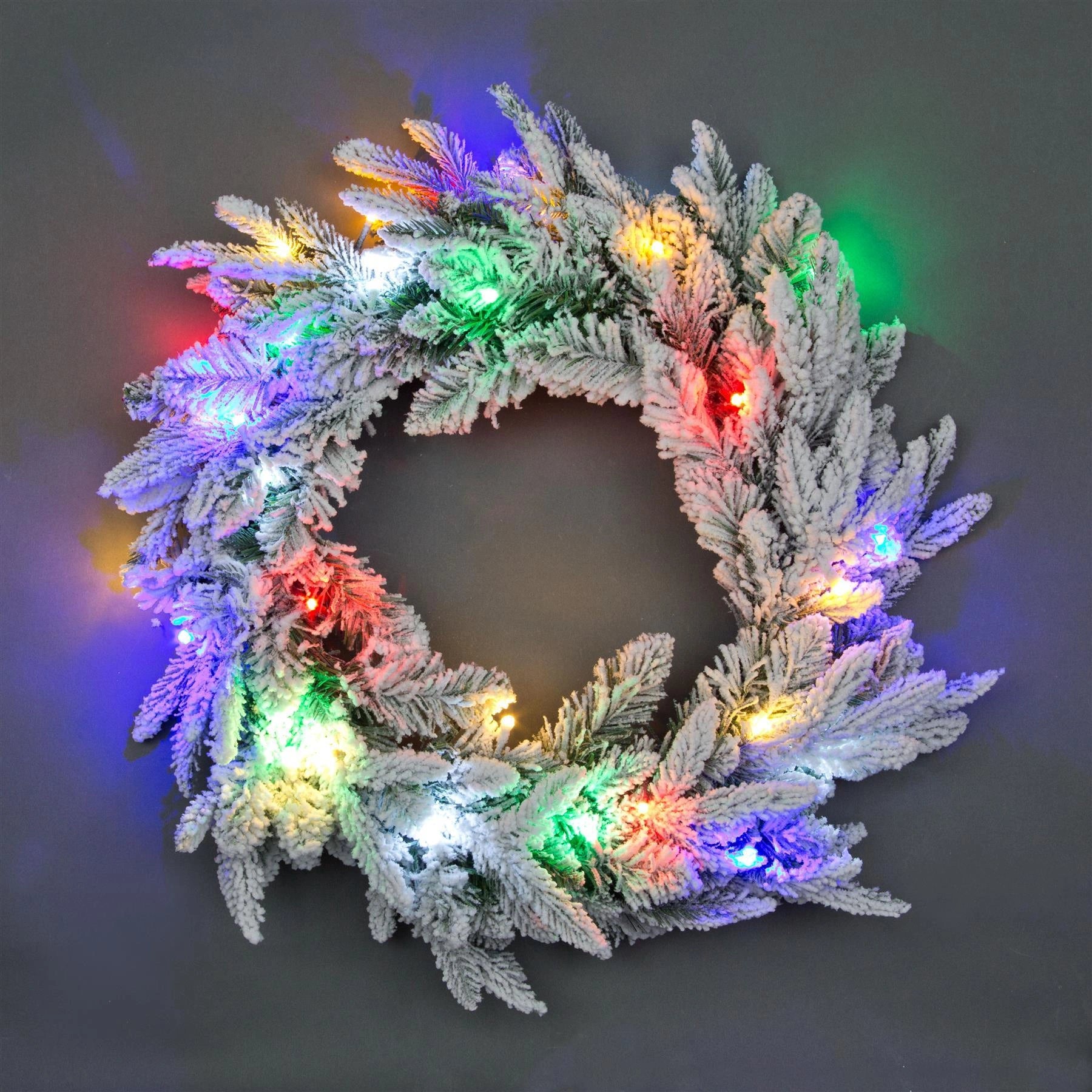 Pre Lit Christmas Wreath Snow Covered Pine Bushy Wall Door Xmas Home Decor 55CM