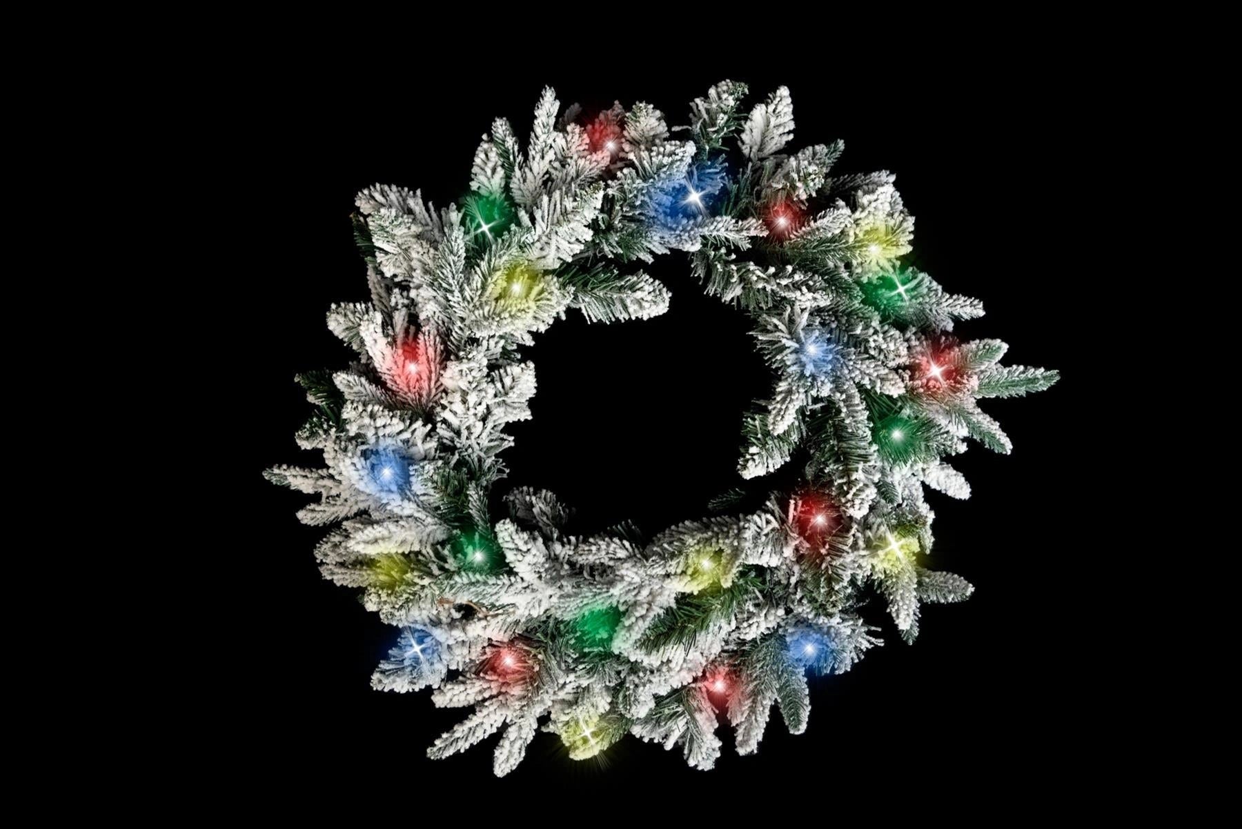 Pre Lit Christmas Wreath Snow Covered Pine Bushy Wall Door Xmas Home Decor 55CM