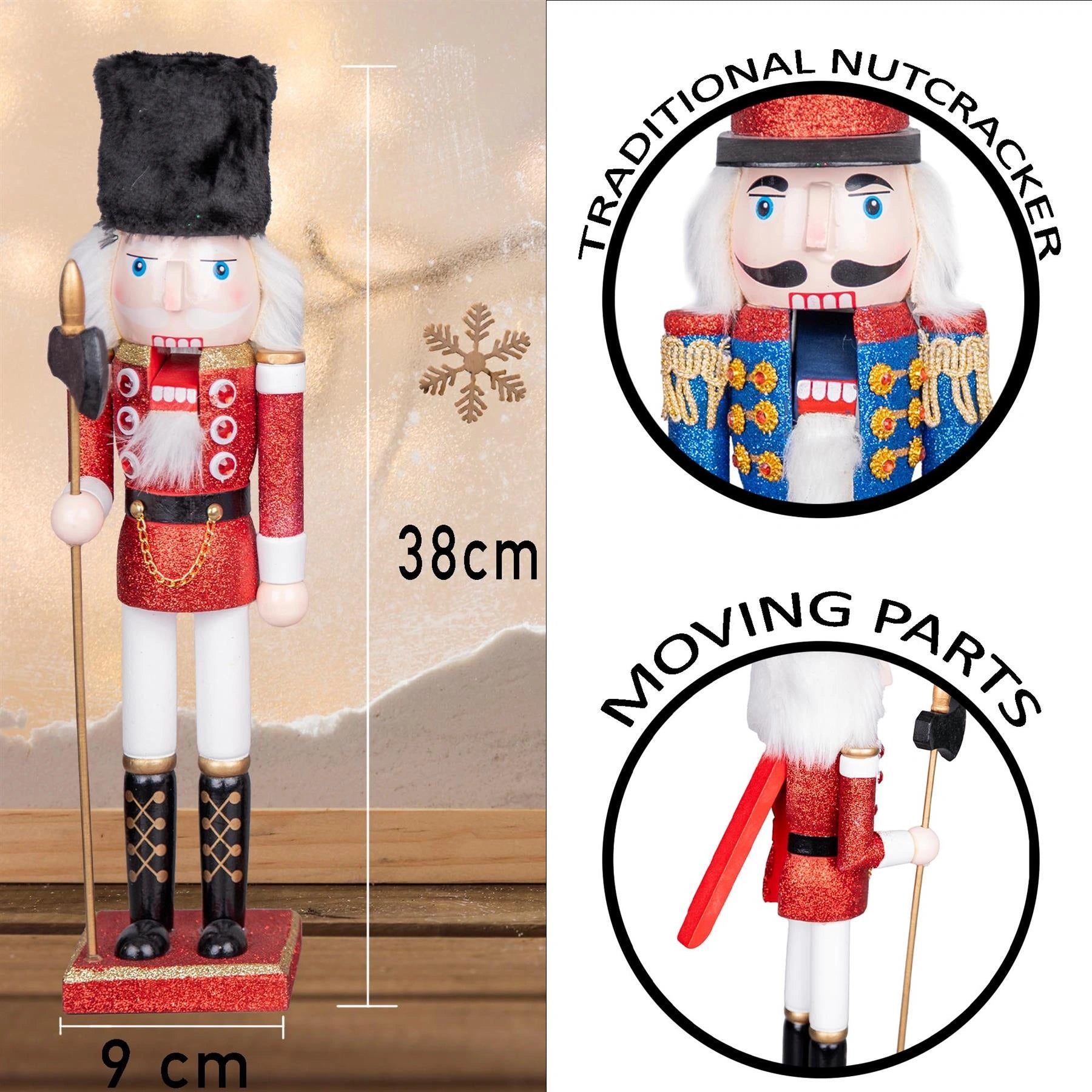 Christmas Nutcrackers Decor Wooden Figures 38cm Ornament 3Pcs Set Red Green Blue