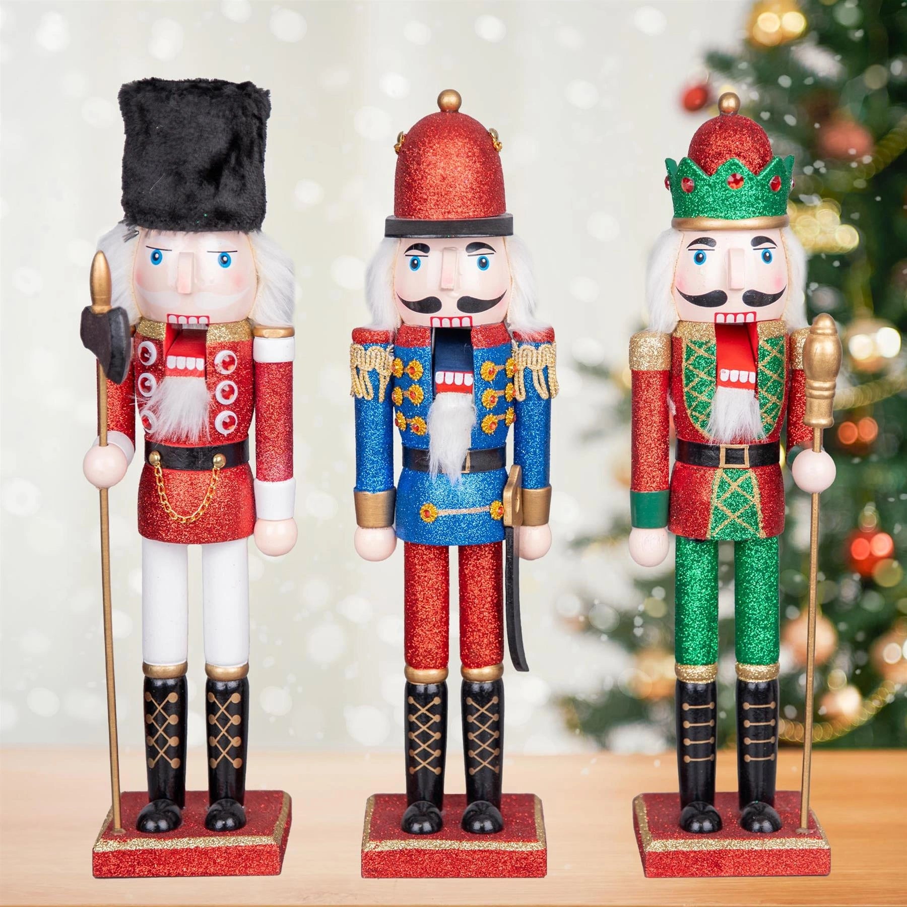 Christmas Nutcrackers Decor Wooden Figures 38cm Ornament 3Pcs Set Red Green Blue