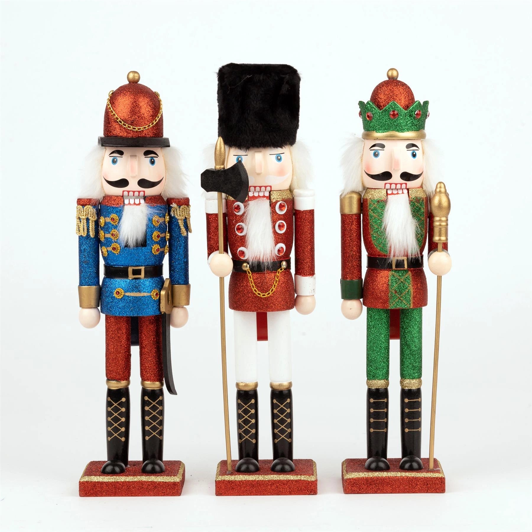 Christmas Nutcrackers Decor Wooden Figures 38cm Ornament 3Pcs Set Red Green Blue