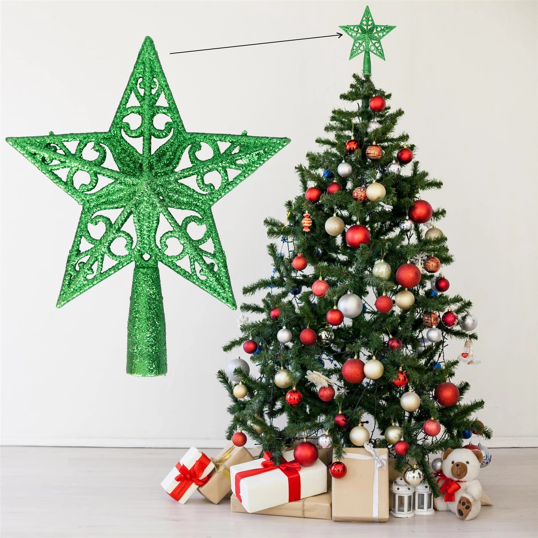 Christmas Star Tree Topper Green Glitter Crown Xmas Tree Ornaments Decor 14.5cm