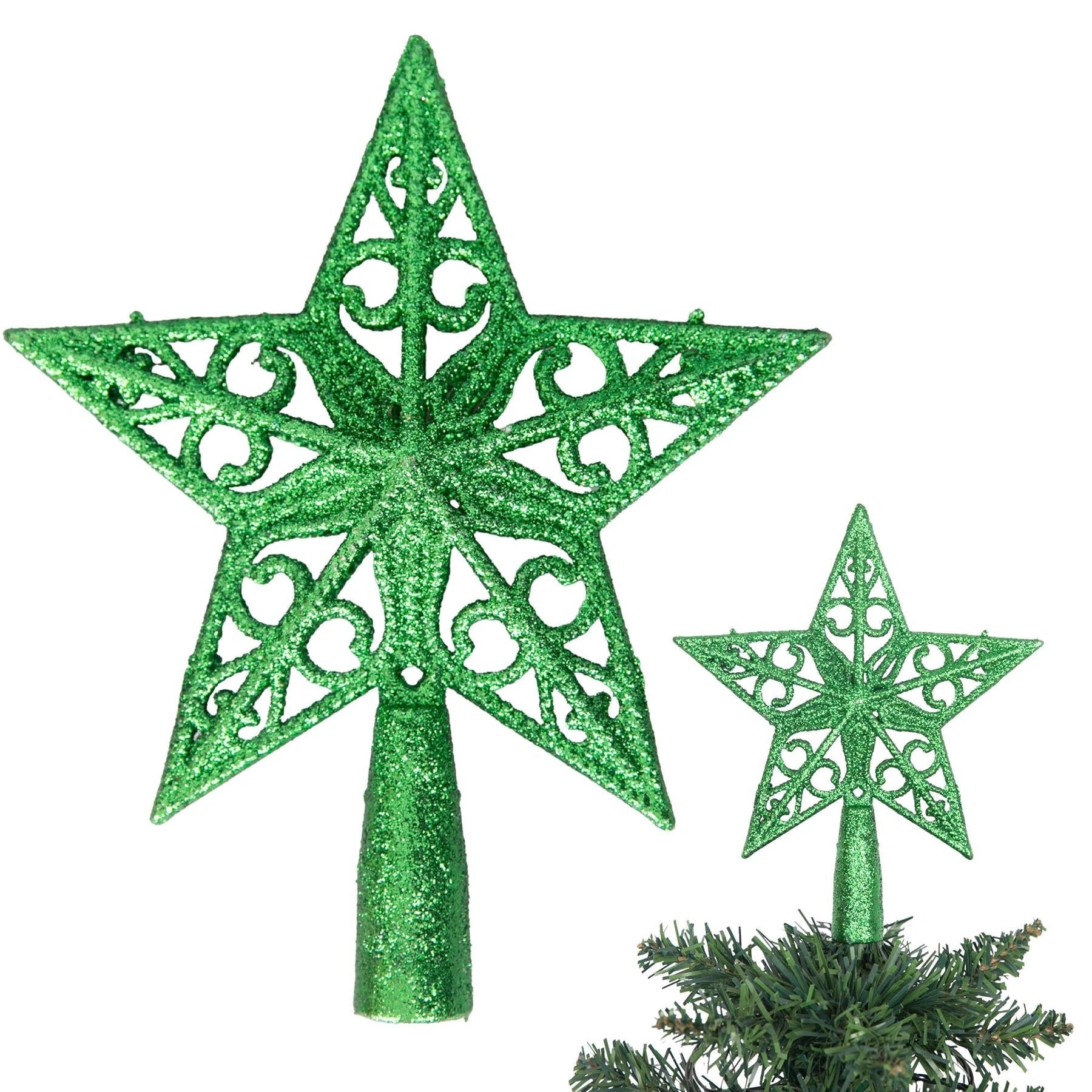 Christmas Star Tree Topper Green Glitter Crown Xmas Tree Ornaments Decor 14.5cm