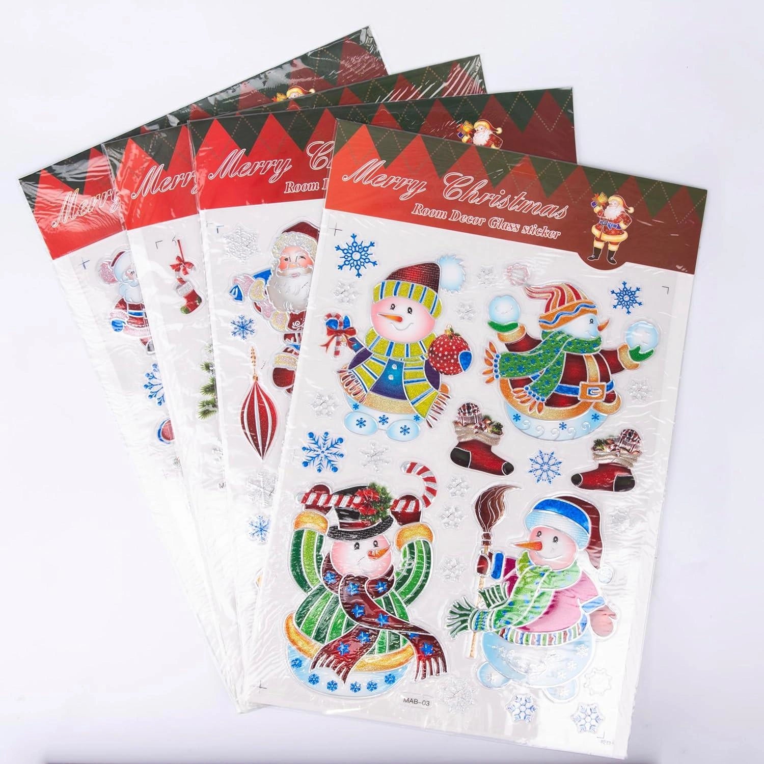 4 Christmas Window Stickers 3D Santa Snowflake Snowman Reusable Decal Xmas Decor