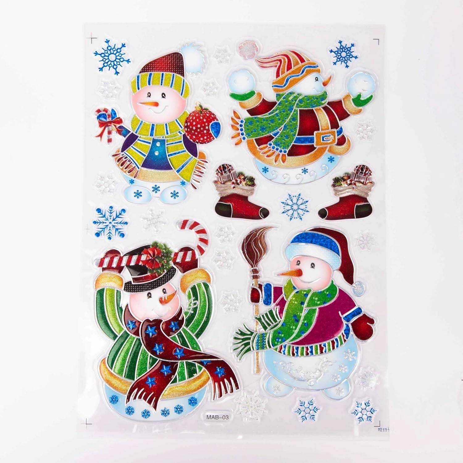 4 Christmas Window Stickers 3D Santa Snowflake Snowman Reusable Decal Xmas Decor