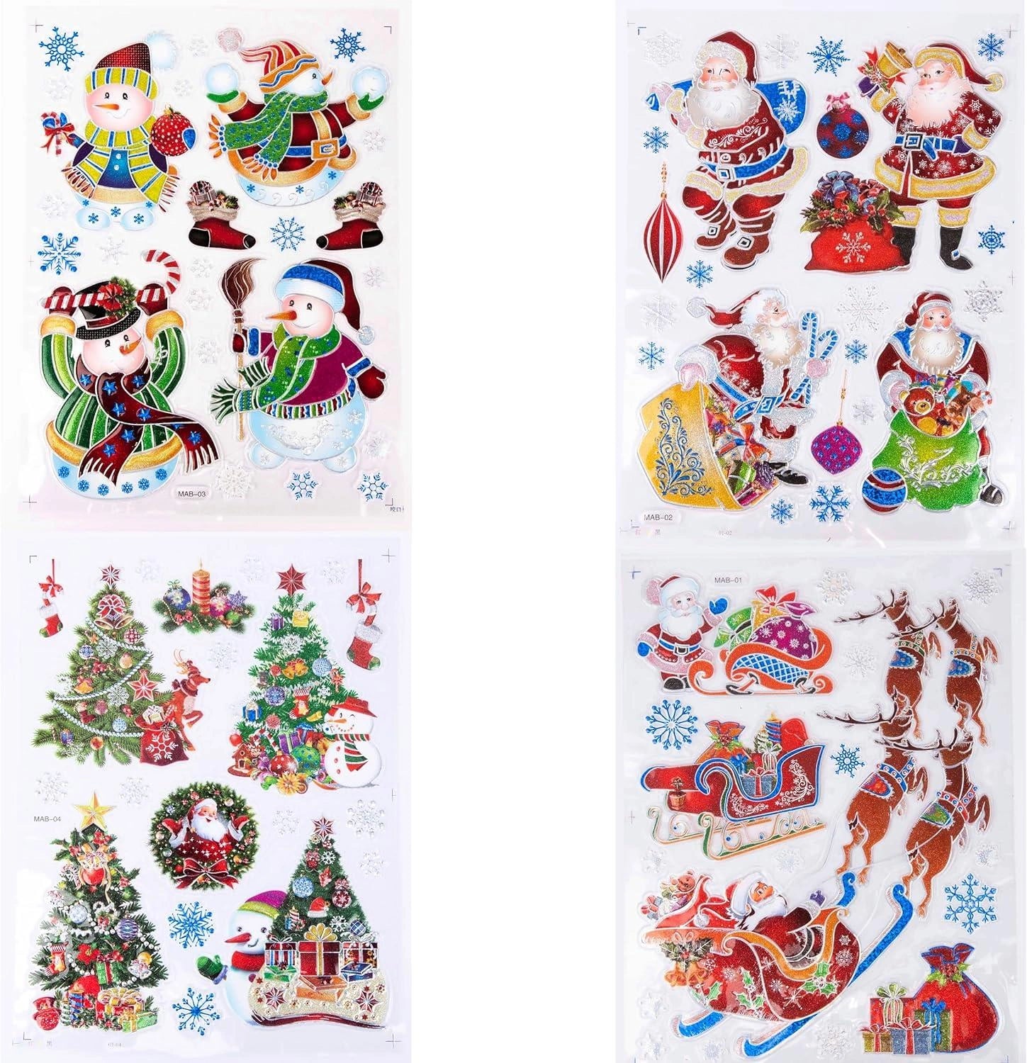 4 Christmas Window Stickers 3D Santa Snowflake Snowman Reusable Decal Xmas Decor
